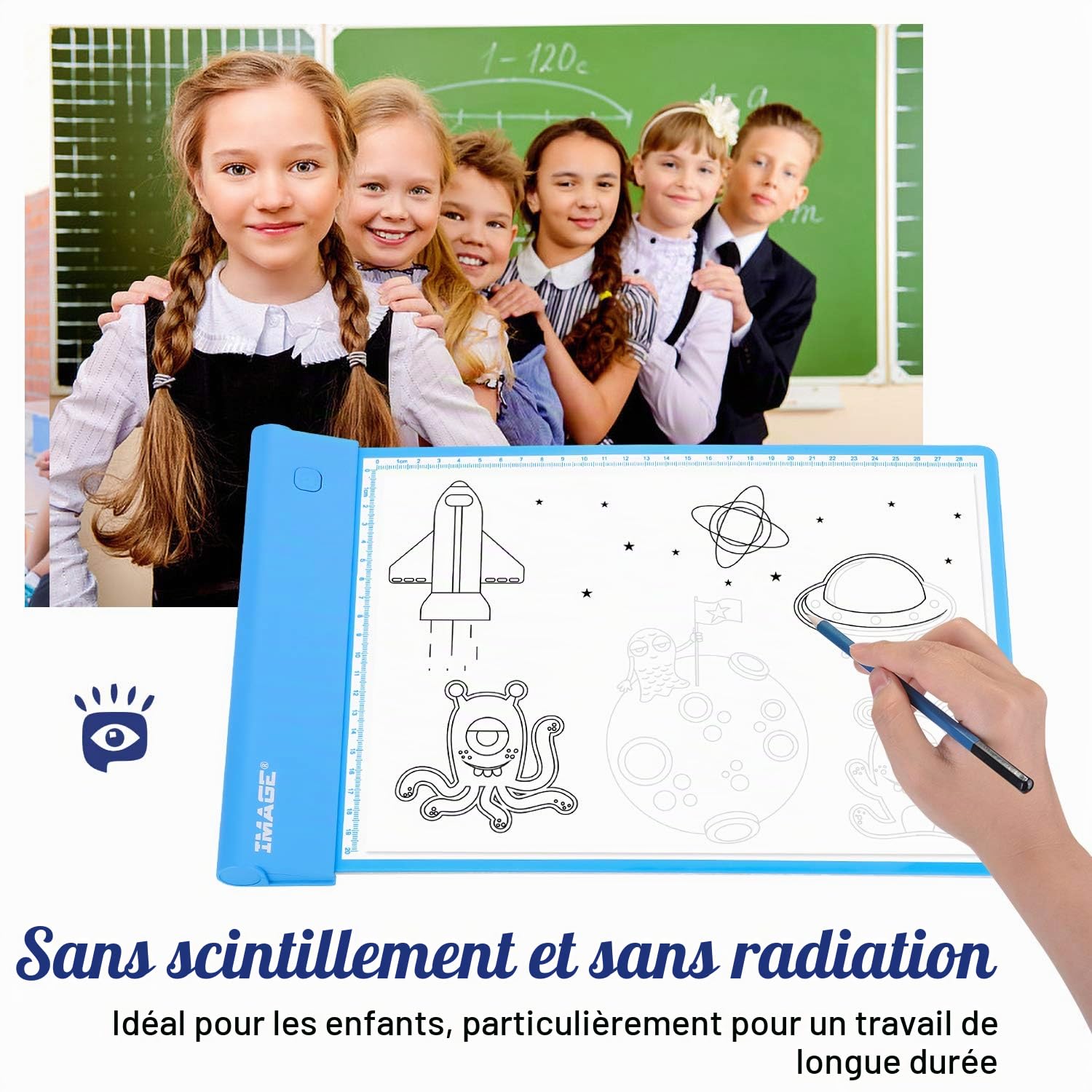 IMAGE Tableau lumineux pour le traçage, planche lumineuse, tablette de dessin, planche à colorier pour les enfants, filles et garçons (comprend 10 feuilles traçables et deux clips) (Bleu)