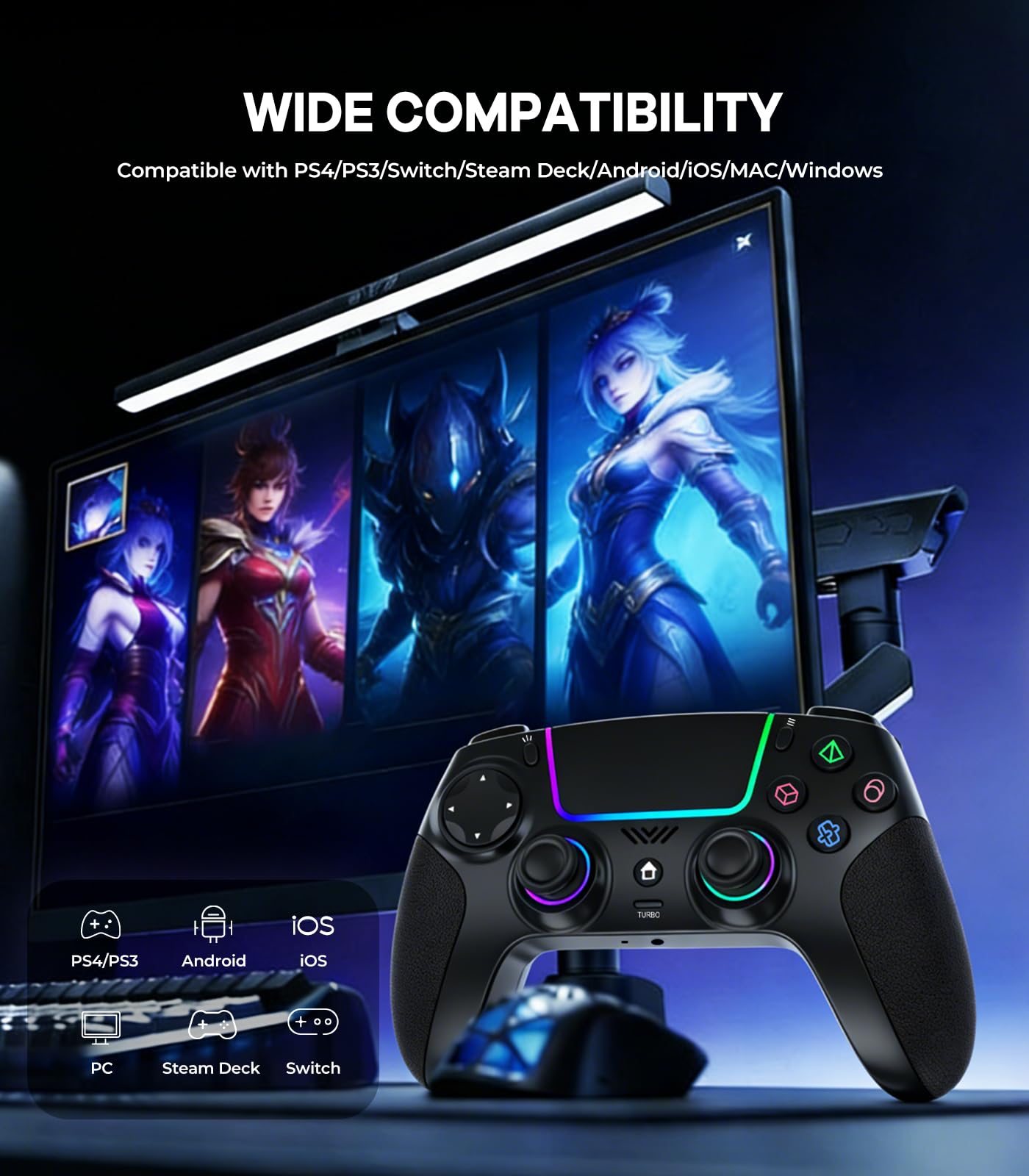 SZPACMATE Manette sans fil pour PS4/PS3/Switch/PC/iOS/Android/Steam Deck, avec 8 éclairage RGB/Joystick Effect Hall/Batterie 1000 mAh/Turbo/Double Vibration/Programmable/Poignées Antidérapantes