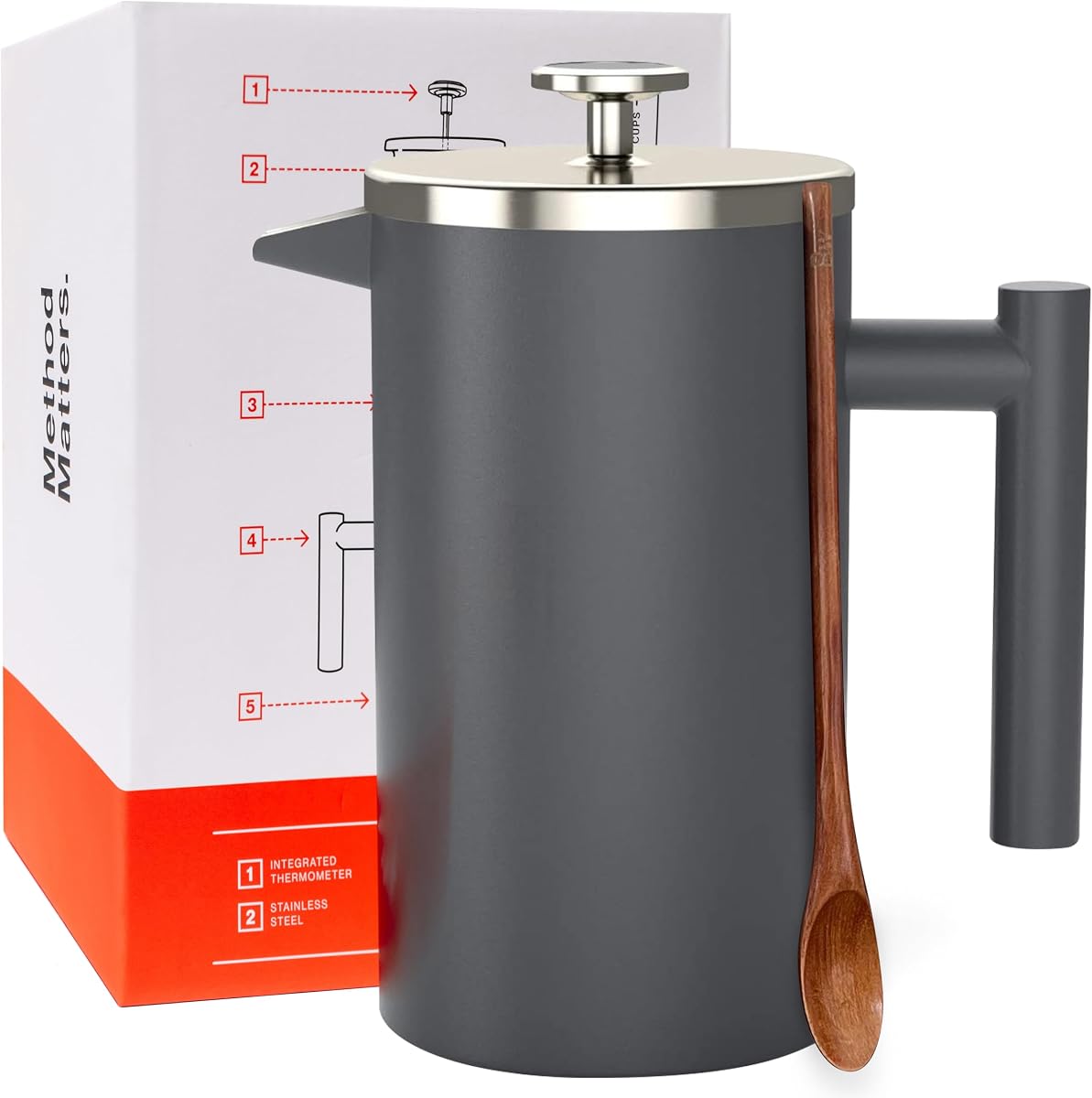 Cafetera de prensa francesa Barista Warrior - Prensa francesa aislada de acero inoxidable de doble pared con termómetro incorporado, cafetera de doble filtro con cuchara de madera - Gris