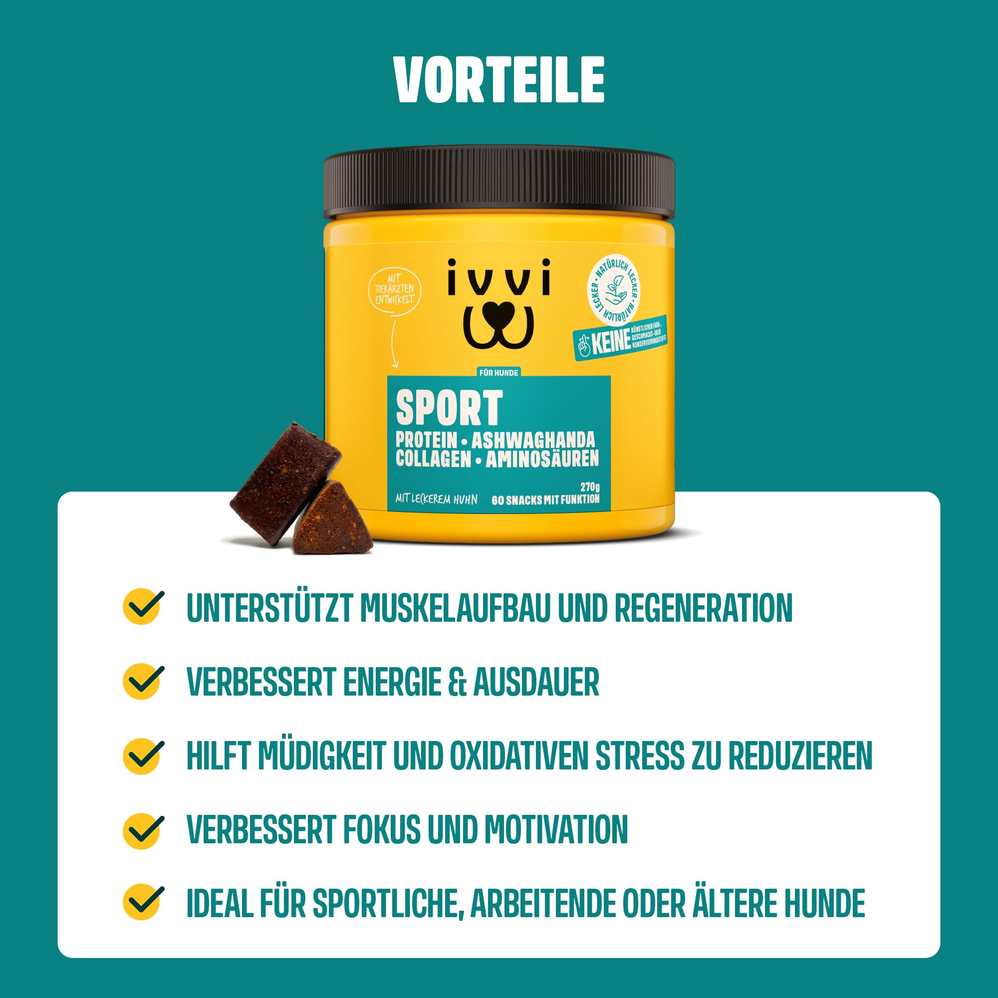 ivvi Sport – Funktionale Snacks für Hunde | Mit Protein, Ashwagandha, Kollagen & Aminosäuren | Unterstützt Muskelaufbau & Regeneration | 60 weiche Snacks (270 g)