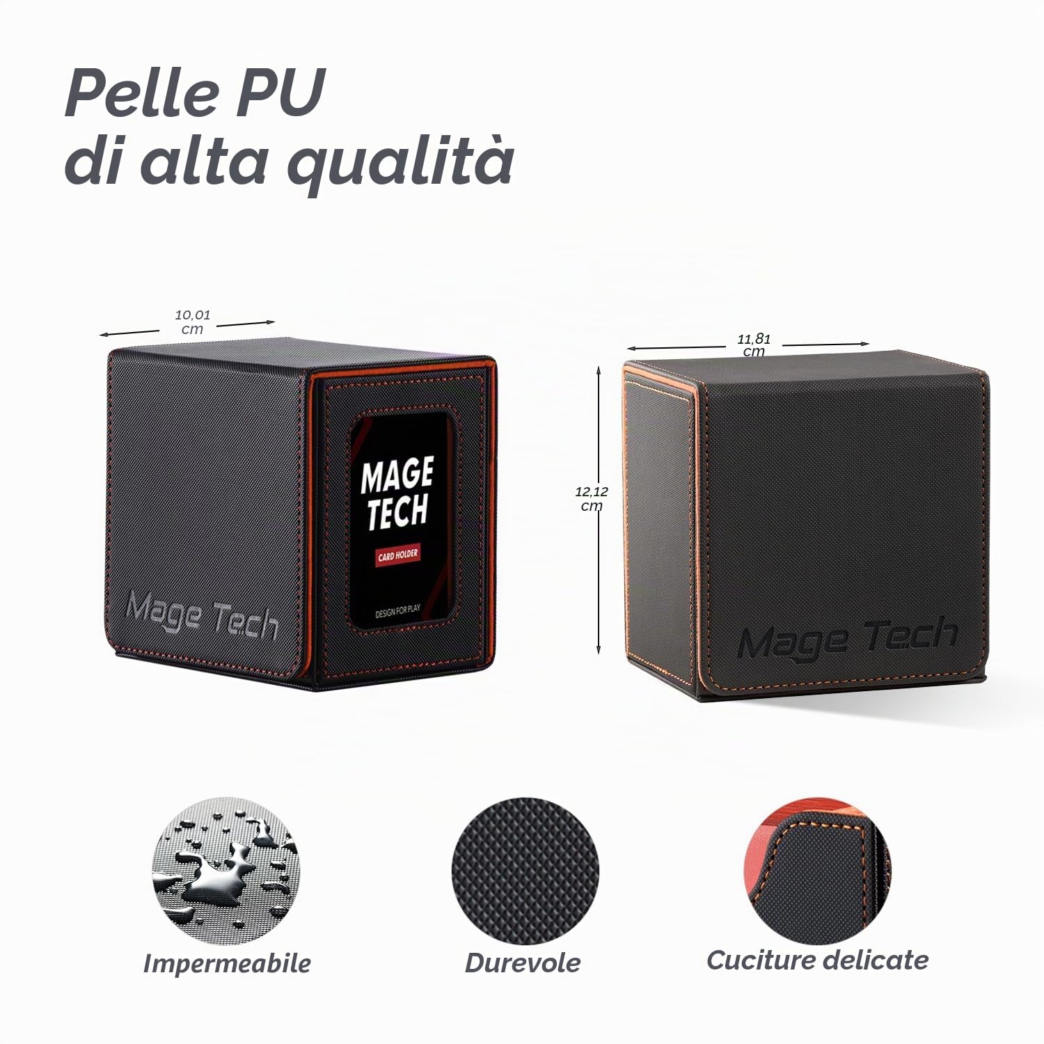 Mage Tech Commander Deck Box per MTG - Design Brevettato, Vetrina Commander, Adatta a 100 Carte Double-Sleeve, Porta Carte Magnetico da 35pt & Vassoio per Dadi - Grigio Scuro/Arancione