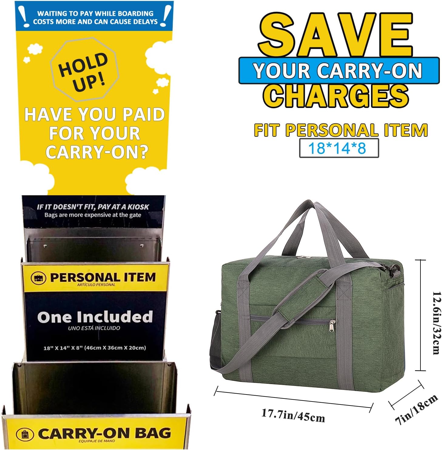 For Spirit Airlines Sac à Main Pliable Pour Articles Personnels 45,7 X 35,6 X 20,3 Cm Pour Homme Et Femme, Bleu