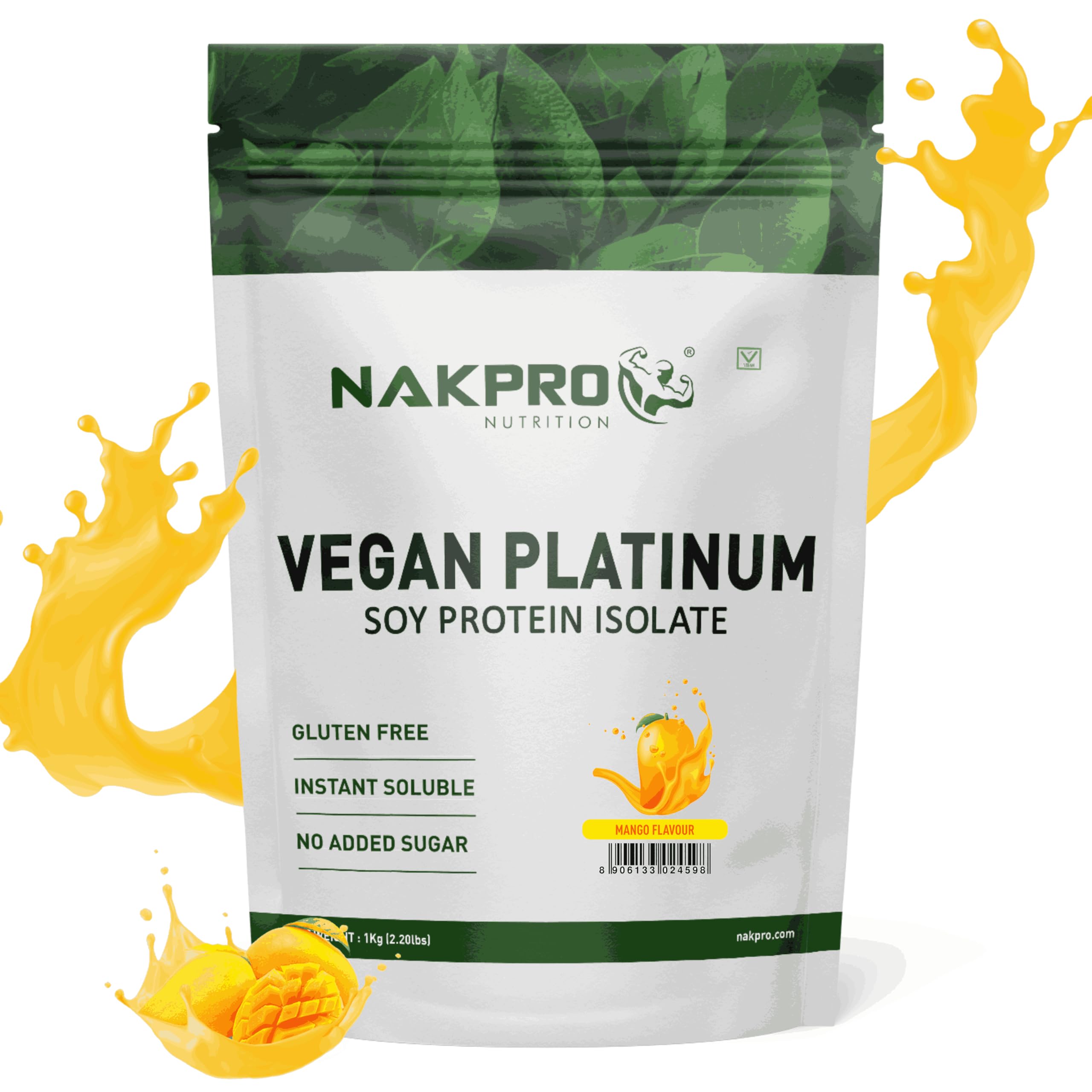 NAKPRO Vegan Soy Protein Isolate 90% | Raw, Pure, Natural & Vegetarian Plant Protein Supplement Powder - (Mango, 1 Kg)