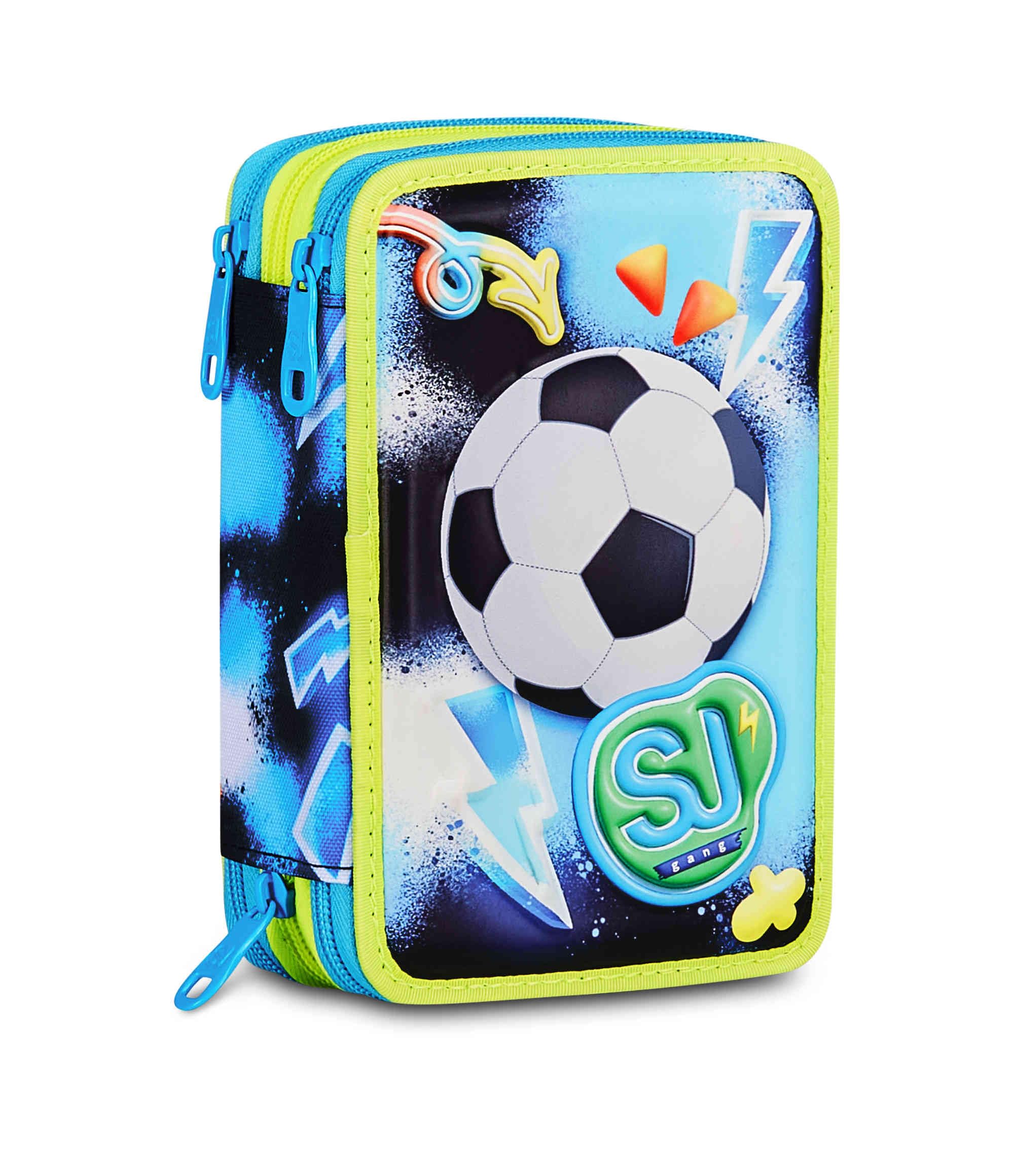 SJ GANG STYLE JAM GANG Astuccio Scuola 3 Zip 3D GLOWGAME, Blu, Triplo Scomparto, Scocca con pallone da calcio in rilievo, Portapenne Attrezzato, 45 pezzi, Accessori Zaino, Scuola elementare, Bambino
