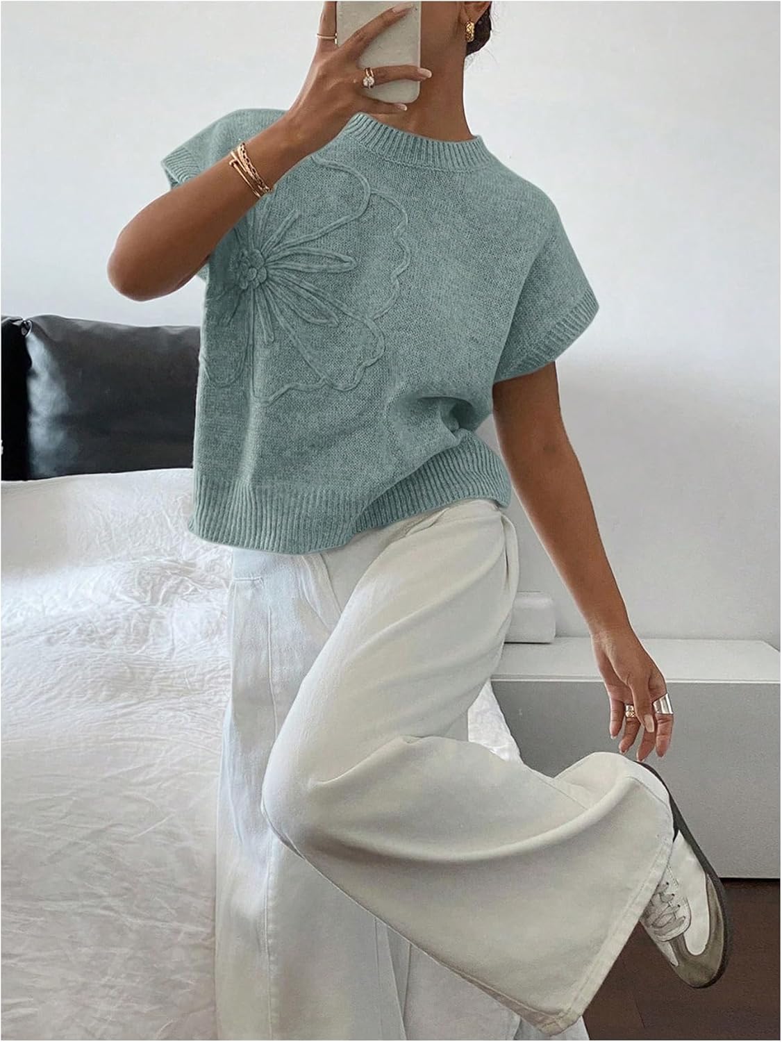 SOLY HUX Women's Short Sleeve Sweater 3D Floral Sweaters Pullover Tank Tops Knit Vest Trendy Fashion Clothing - Image 4