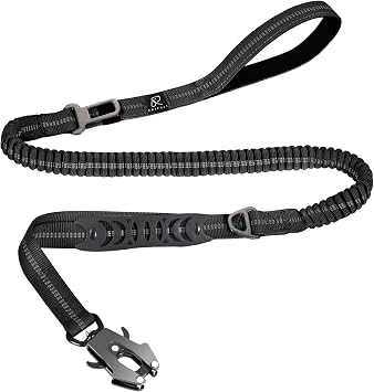 Raipult Tactical Dog Leash Heavy Duty, 4-6FT Shock Absorbing Bungee Leash with Quick Release Clip& 2 Handles, No Pull Waking Lead with Car Seatbelt for Medium Large Dogs that Pull, Black