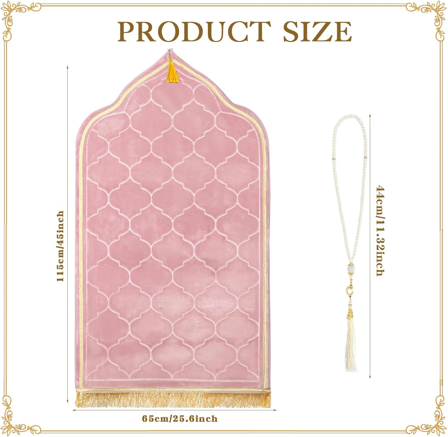 Muslim Prayer Rug with Tasbih Prayer Beads, Extra Thick Padded Non-Slip Islamic Prayer Matt,Turkish Praying Carpet Ottoman Blankets Ramadan Gift for Ramadan, Eid, Hajj, Travel, Pray（Pink）