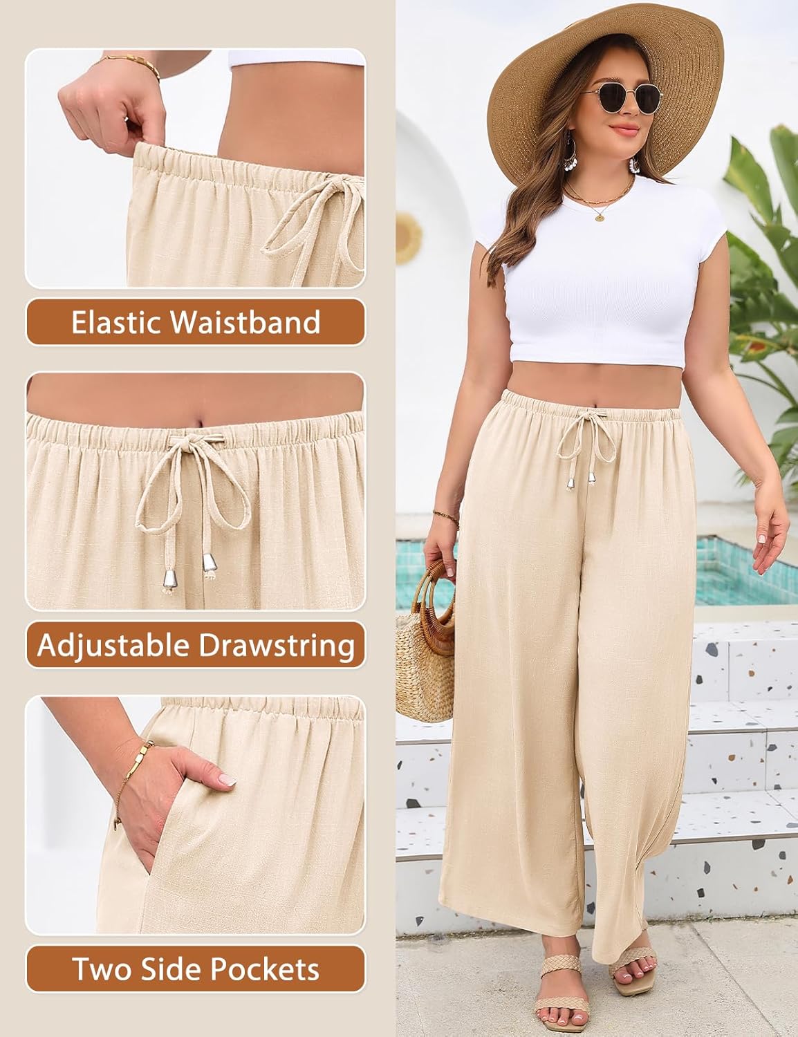 Women Plus Size Linen Palazzo Pants Summer High Waist Wide Leg Trousers Casual Boho 2026 Beach Travel Vacation Outfits - Image 4