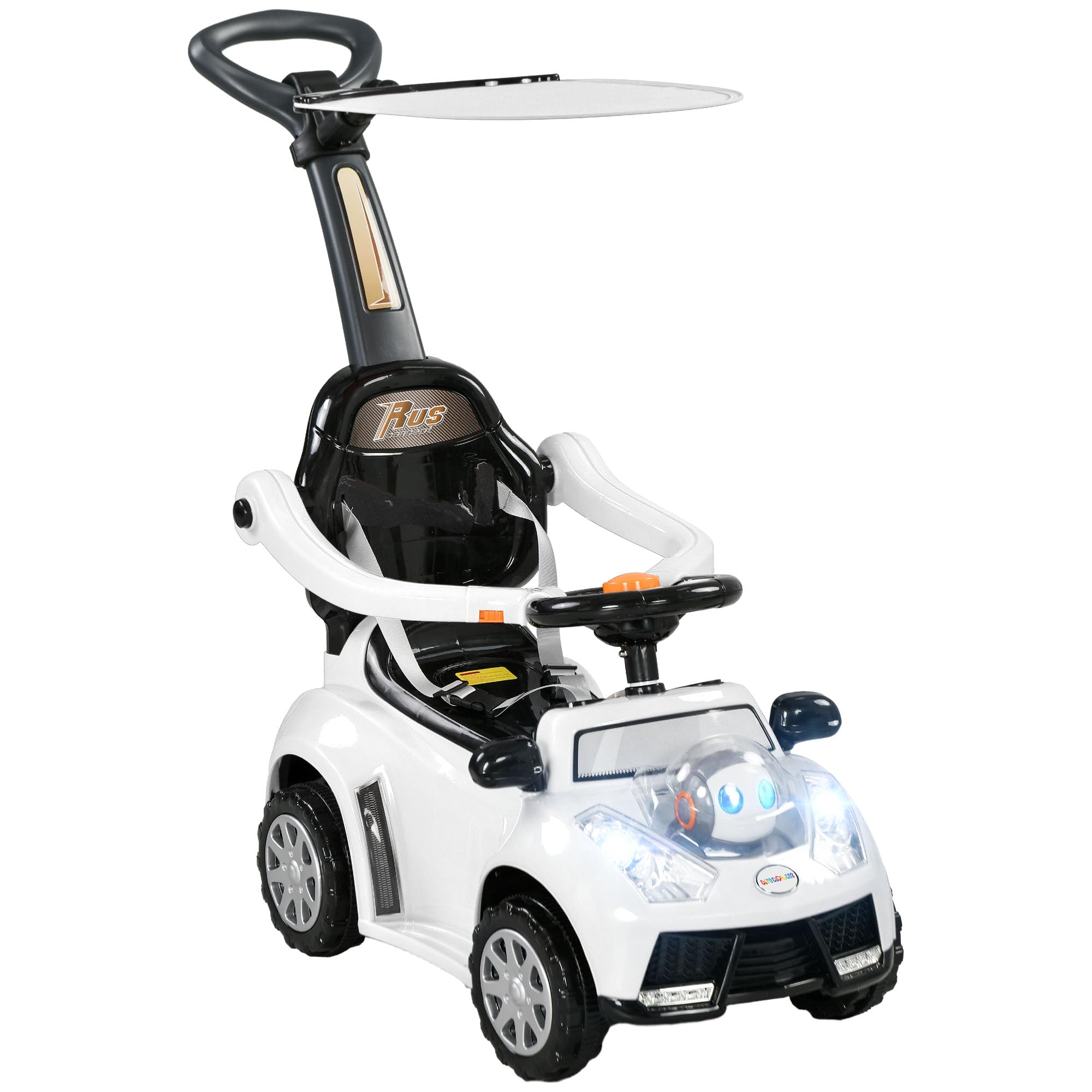 AIYAPLAY Rutschauto Rutscher Kinderauto Kinderfahrzeug Schub- und Haltestange mit Rückenlehne Schutzbügel, Lauflernhilfe für Kinder 12-36 Monate Weiß+Schwarz