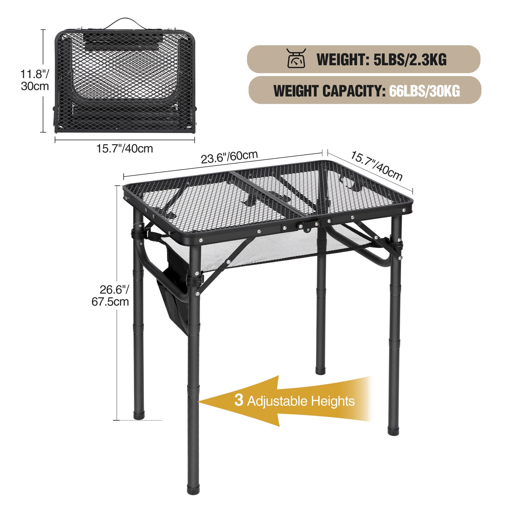 REDCAMP Tavolo da barbecue portatile con scrivania in rete, 60 x 40cm Tavolo da campeggio pieghevole leggero per cucinare in campeggio BBQ RV Picnic, facile da montare con scavate regolabili, nero