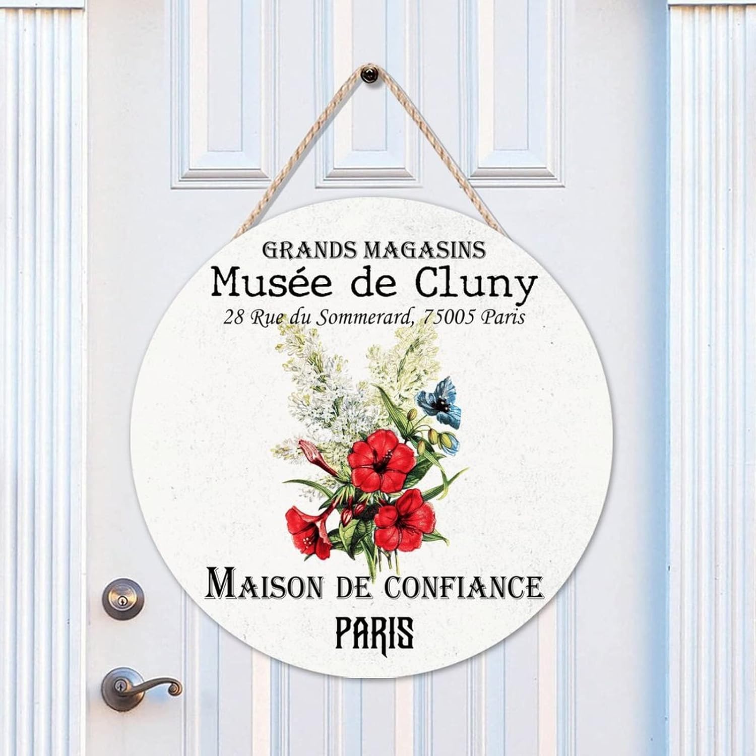 Floral Wall Hanging Sign Plaque, Vintage Flower Wood Door Sign, Old Paper Textures 16x16in Round Door Hanger Sign Farmhouse Front Porch Decor Housewarming Gifts