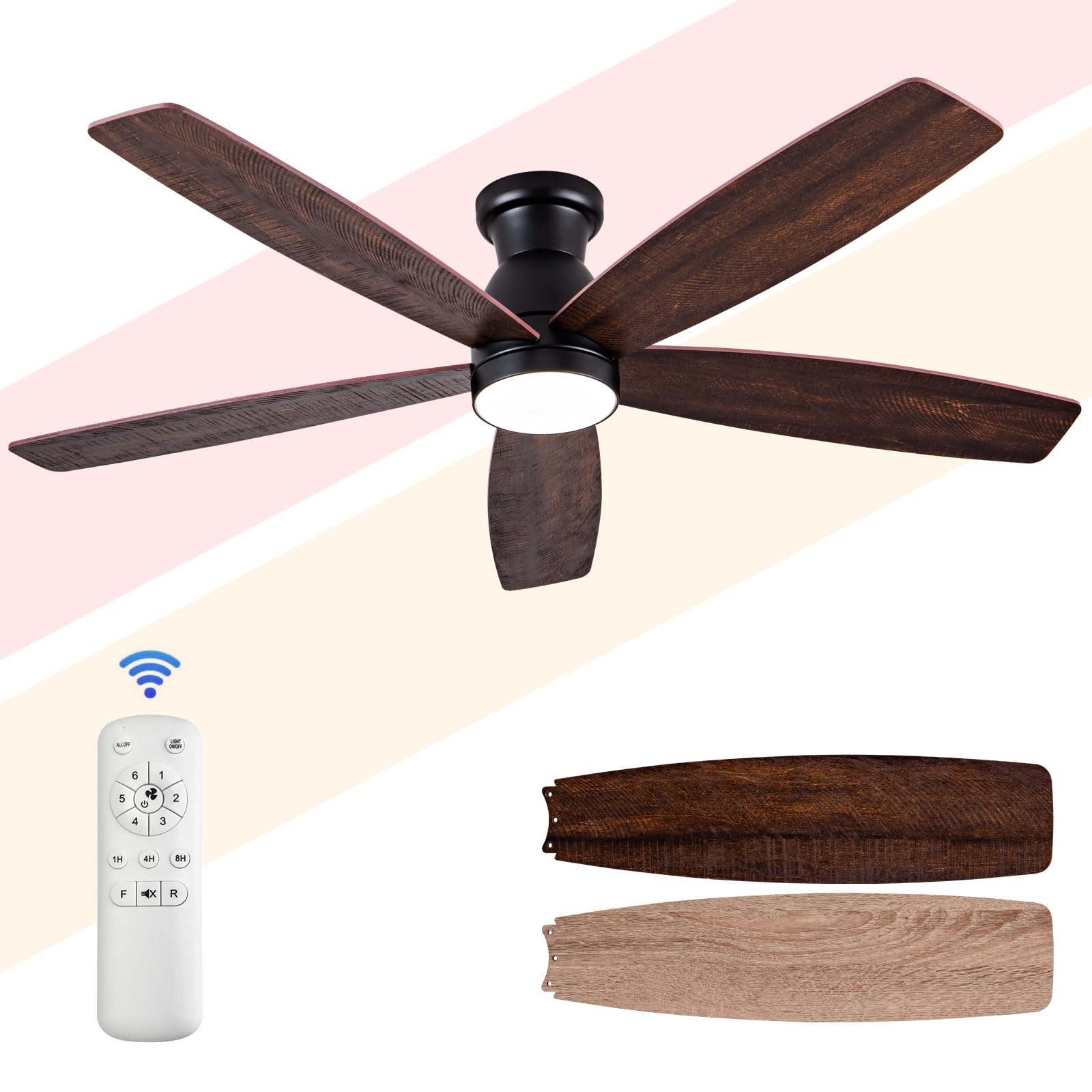 52 inch Low Profile Ceiling Fans with Lights and Remote Control,Black Flush  Mount Ceiling Fan,Noiseless,Reversible DC Motor,Memory Program,Modern
