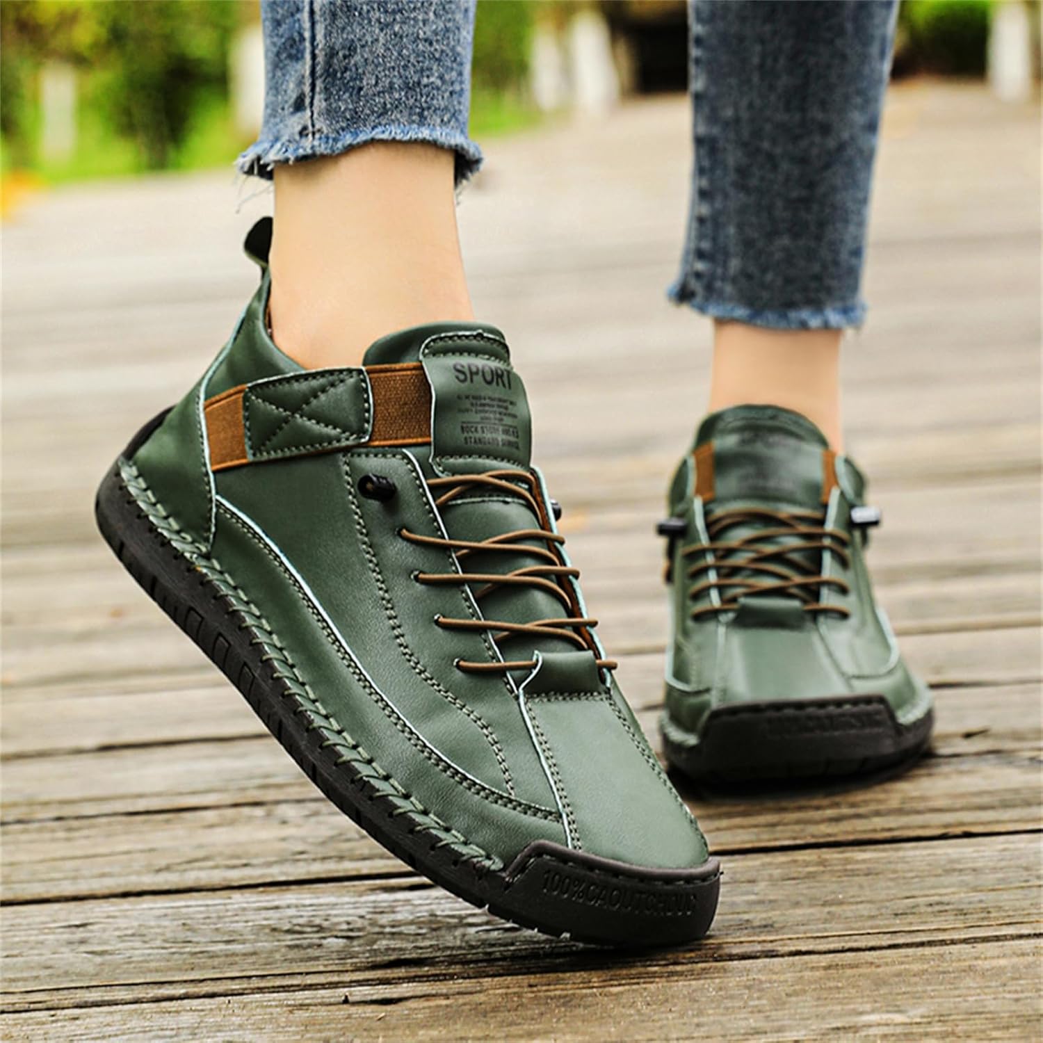 Women's Retro Leather Slip-On High Top Ankle Boots with Adjustable Elastic Band Hand-Stitched Lace-Up Detailing Comfort Flat Heel Loafers Shoes for Casual Outdoor Hiking Walking