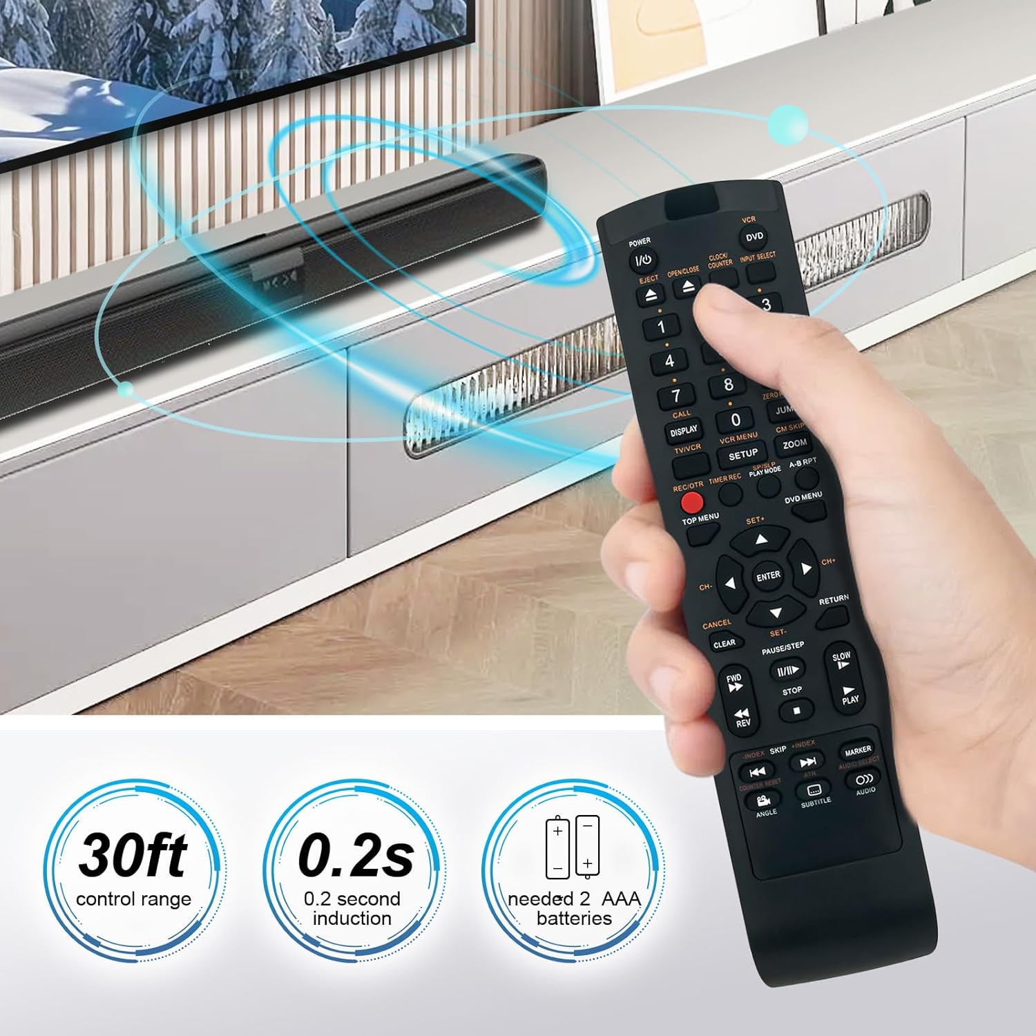 Beyution SE-R0220 remote control showing 30ft control range, 0.2 second induction, and requiring 2 AAA batteries.