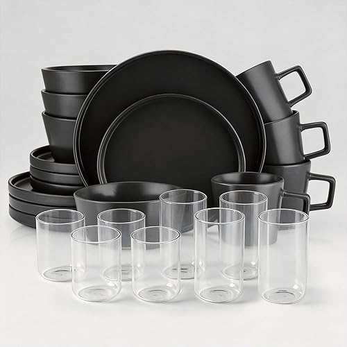 Stone Lain Celina 24-Piece Kitchen Bundle – 16-Piece White Stoneware Dinnerware Set Service for 4 + 8-Piece Clear Borosilicate Glassware Set (16.9 oz & 12 oz) | Dishwasher Safe, Microwave Safe (Black)