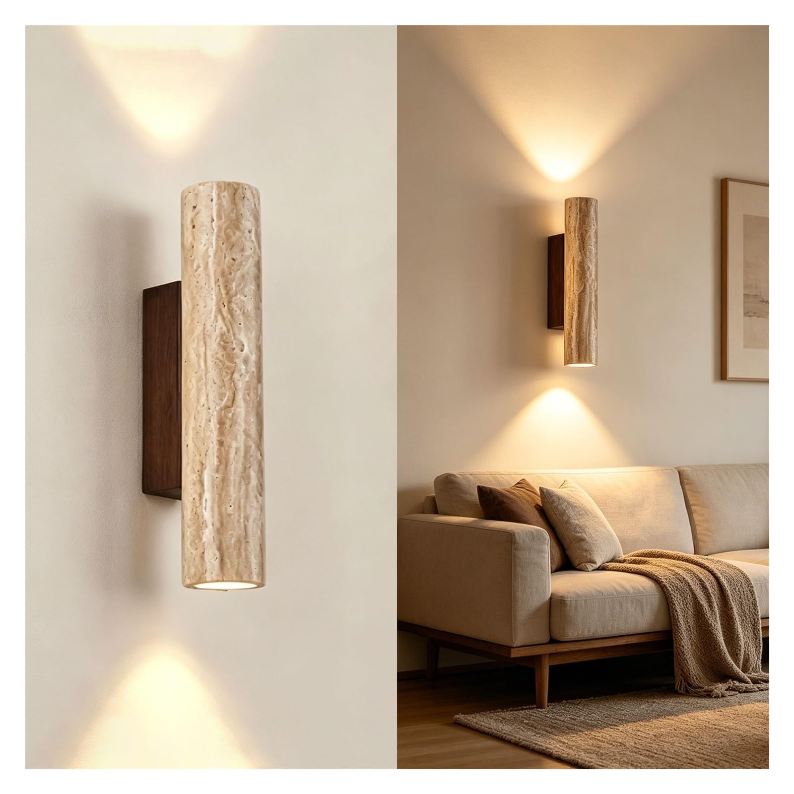 LUOYAOB Yellow Travertine Wall Sconce Hardwired Cylindrical Stone Wall Lamp Japanese Style Adjustable CCT Up and Down Lighting Fixture for Bedroom Living Room Hallway Home Indoor(Large)