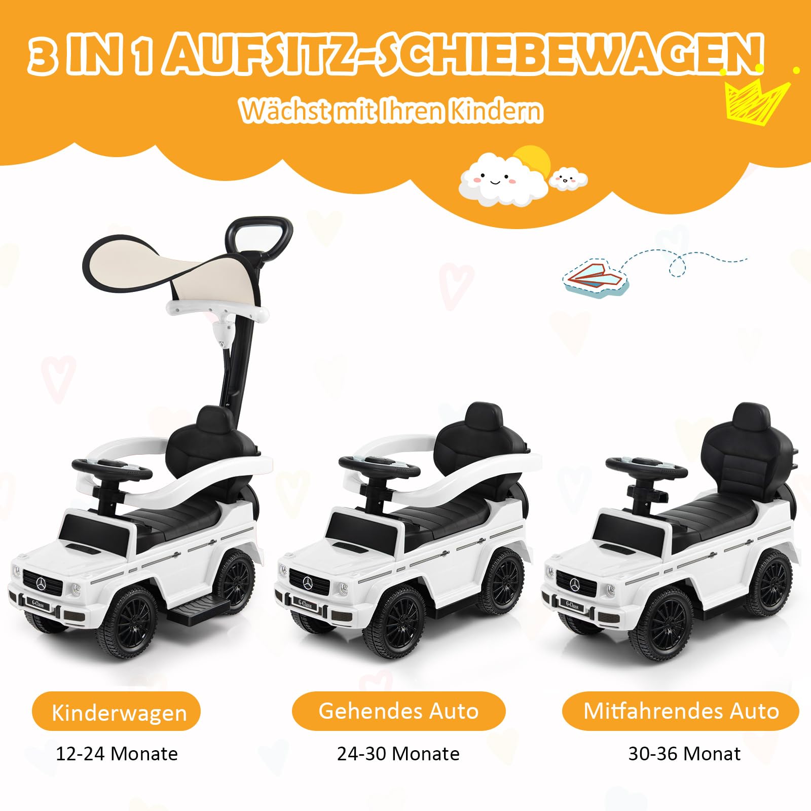 COSTWAY Mercedes Benz Rutschauto, 3 in 1 Rutscher Auto mit Sonnendach & Stauraum & abnehmbaren Schutzbügel & Schiebestange, Rutschfahrzeug mit Motorsound & Hupe, für Kinder ab 1 Jahr (Weiß)