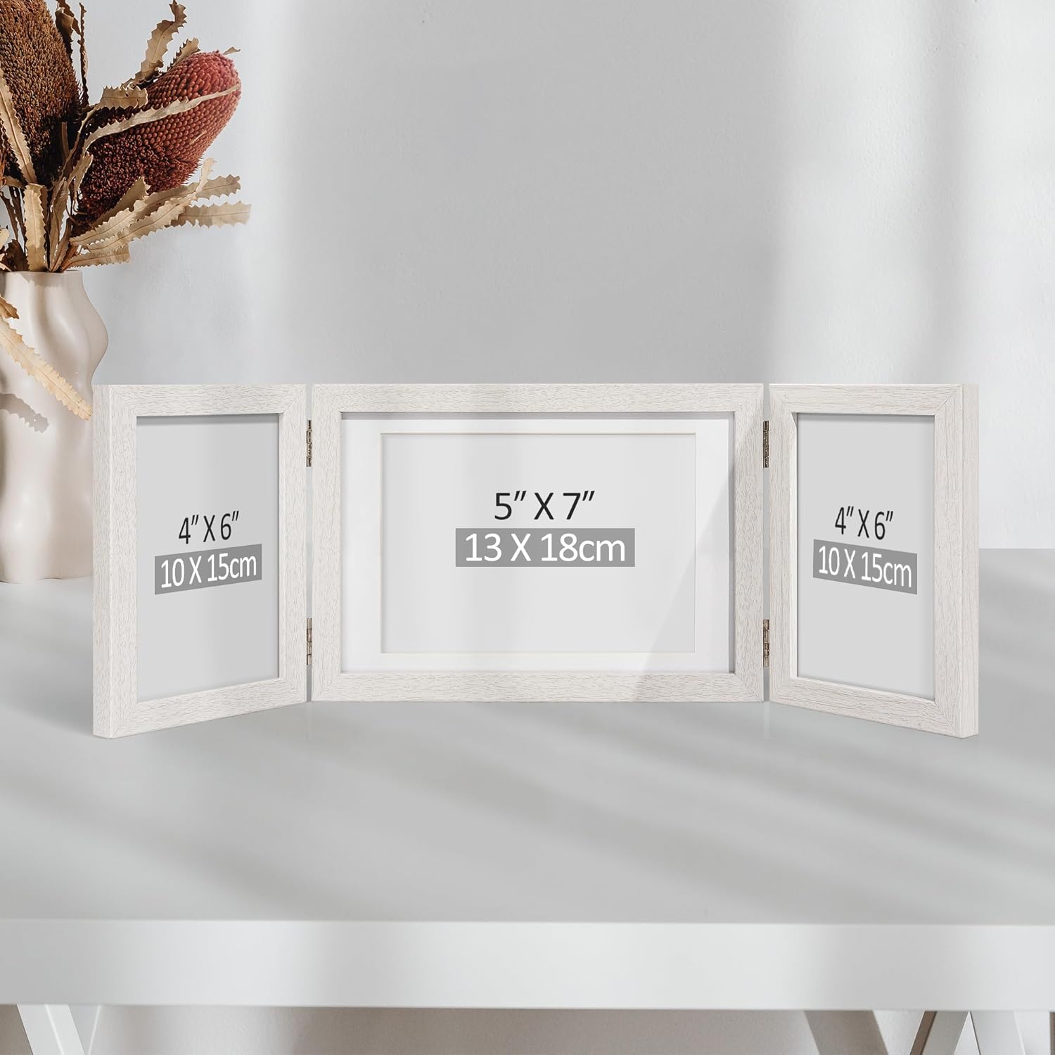 Afuly 3 Picture Frame 5x7 4x6 Triple Hinged Picture Frames White Folding Photo Frames Collage 3 Opening for Tabletop Desk Display Unique Gifts for Christmas Women Mom Couple Family, 2 * 4x6+1 * 5x7