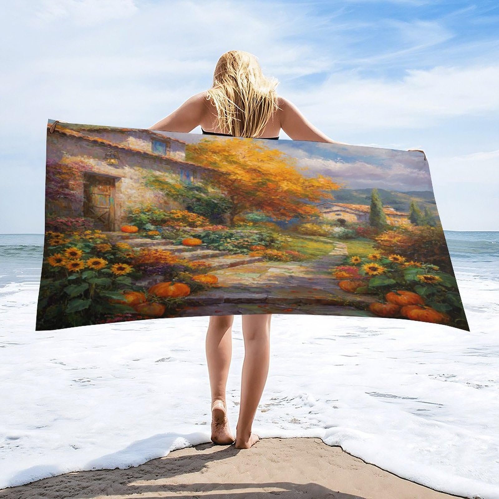 Luyysky Rustic Vintage Autumn Barn Quick-Drying Beach Towel, Retro Oil Painting Autumn Plant Maple Tree Sunflowers Pumpkins Travel Vacation Single Sided Pile Bathroom Towels-80 W Cm X 160" L Cm