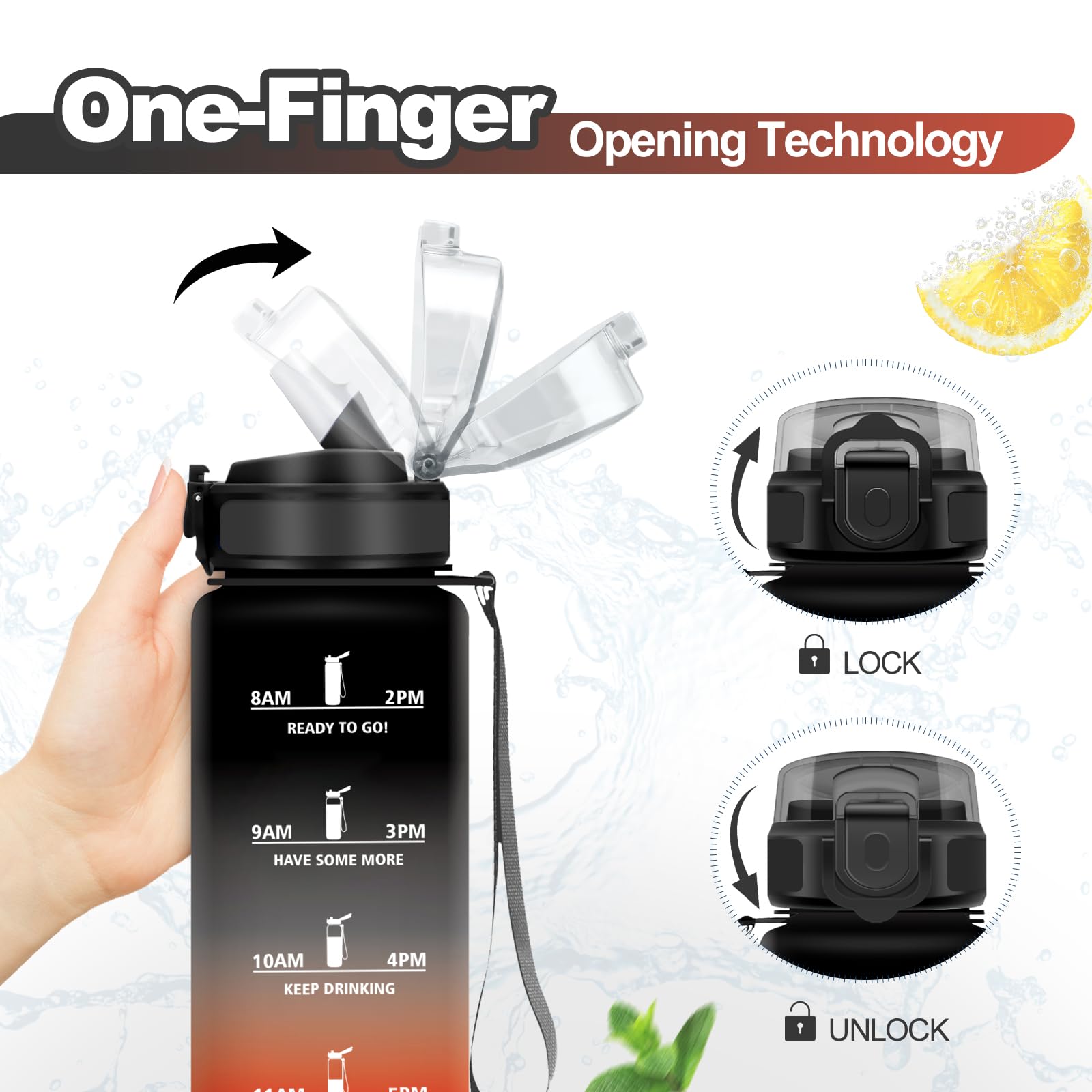 Borraccia 1L, Borraccia con Cannuccia e Indicatore del Tempo, Bottiglia Acqua Riutilizzabile, Bottiglia senza BPA, A Prova di Perdite, Borraccia Sport per Fitness, Studenti, Palestra, Ufficio