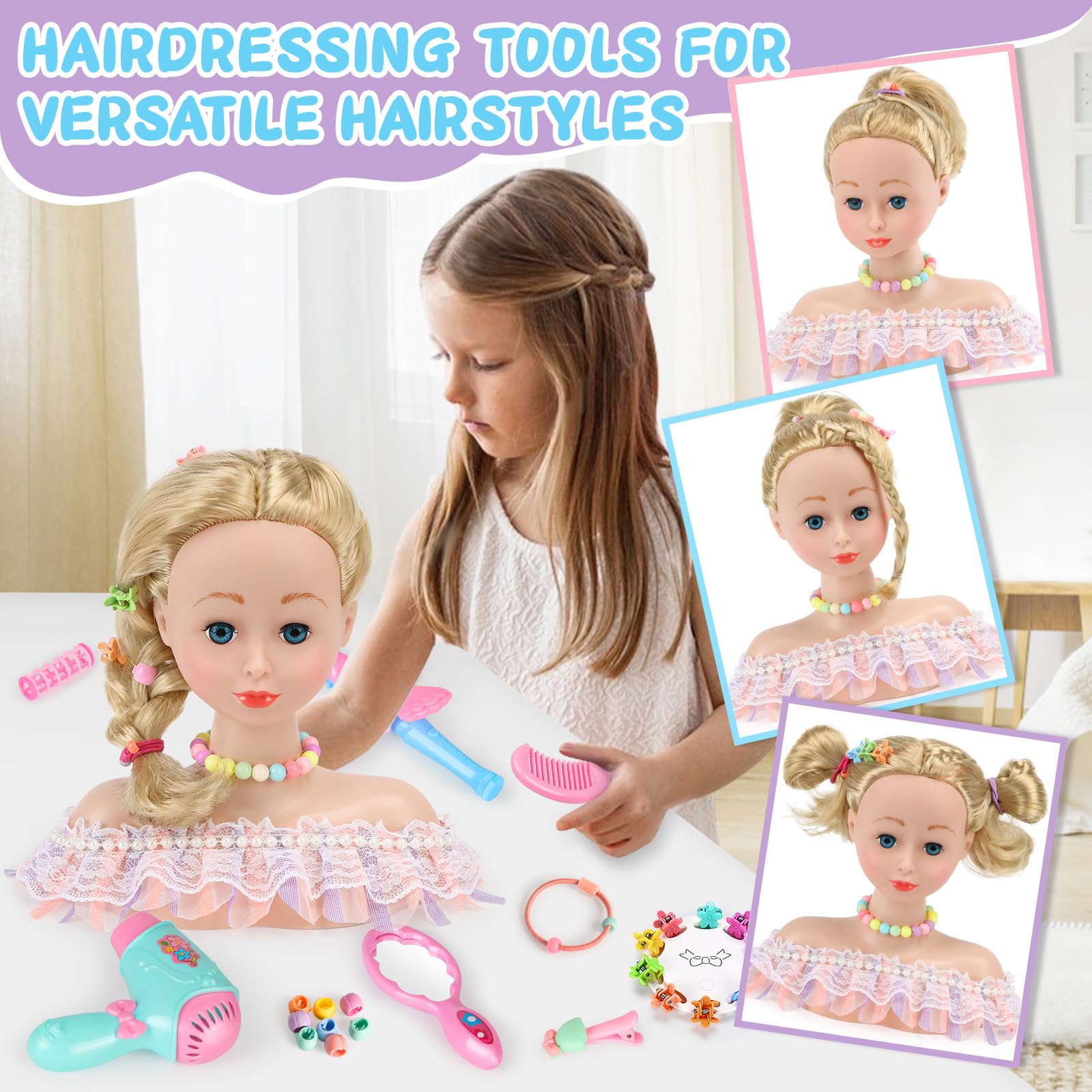 BuzzoXerex Testa Bambola da Truccare e Pettinare, 58 Pezzi Testa da Pettinare Bambina, Bambola da Truccare Regalo di Compleanno, Natale per Bambini a Partire Dai 3 Anni (dorato)