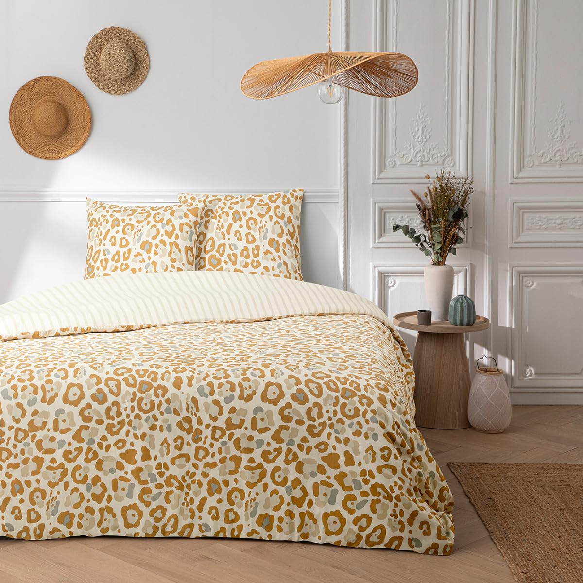 Housse de couette léopard 260x240 anti-glisse avec boutons pour lit deux personnes qui bougent