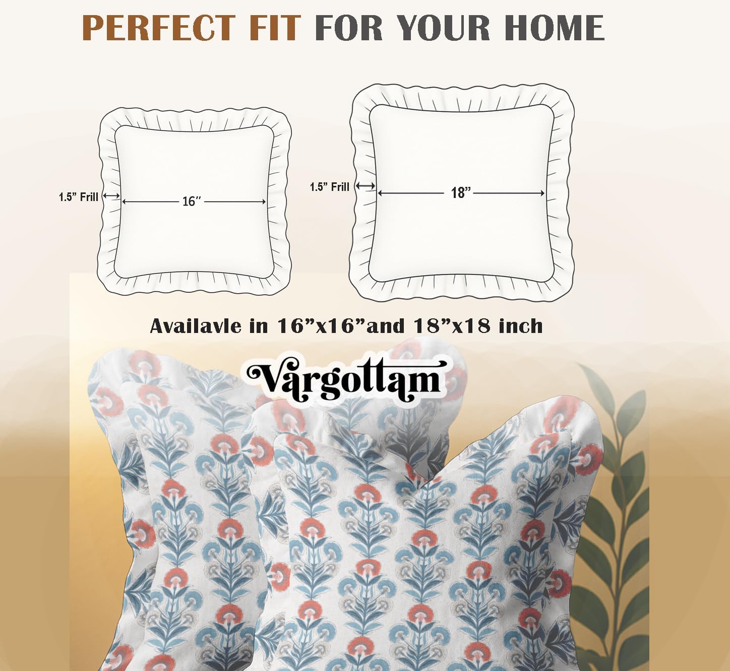 Block Print, Decorative Cushion Covers 16x16-100% Cotton Twill Set of 2 with Ruffle Edges, Farmhouse Print, Concealed Zipper Closure, No Fillers