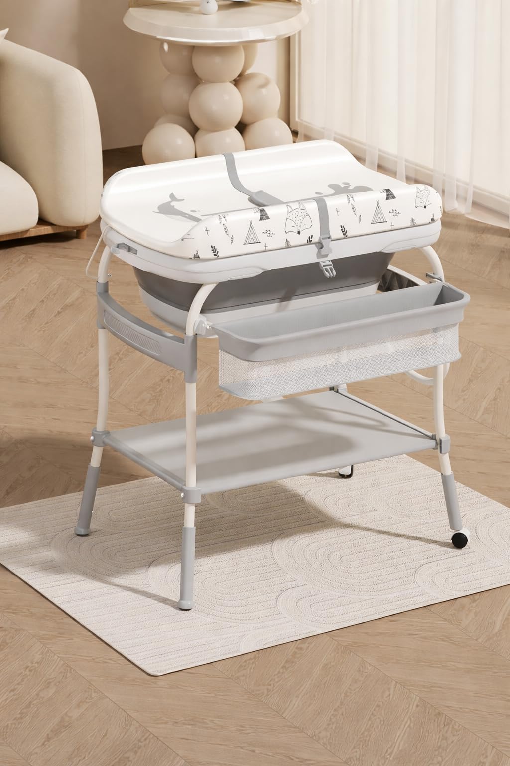 T INSY Baby Changing Station with Bath Tub and Storage | Waterproof Top Panel | Elevated Frame | Nursery Organizer | Easy Cleaning | Infant Changing Table | Compact Design | White-image-6