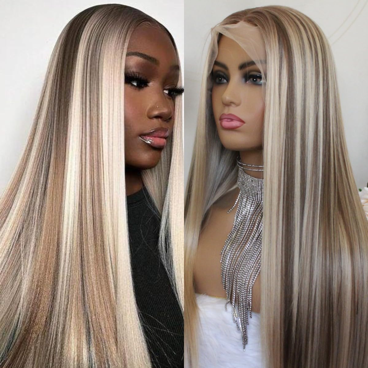 View 1 of 13x4 Highlight Ash Blonde Lace Front Wig Ombre Brown Mixed Blonde Long Straight Glueless Synthetic Lace Front Wigs for Women 150 Density 24 Inches