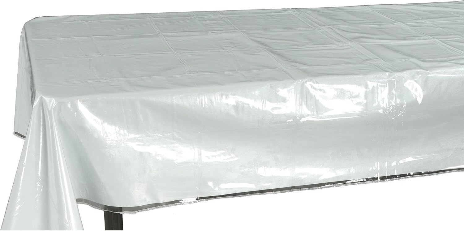Ottomanson Heavy Duty Clear Plastic Tablecloth Clear Table Cover Protector White Sewn Edges Border Tablecloth, 54"X72", Clear
