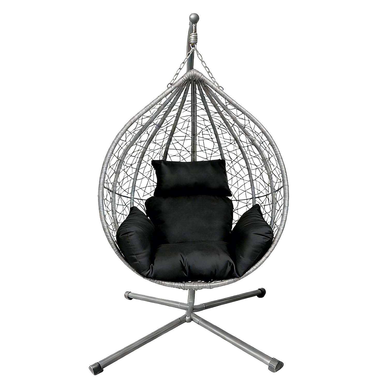 Rattan Swing Egg Chair Garden Swing Chair with Cushion | Indoor Outdoor Hanging Chair with Stand | Hammock Egg Chairs for Garden Bedroom Balcony (Grey Egg Chair & Black Cushion-four Cornered)