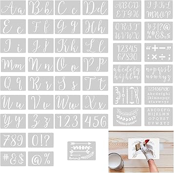 SIBOMTEX - 36 stencil con lettere e numeri, riutilizzabili, lavabili, adatti all'ambiente, in PET, per dipingere su legno, tessuto, parete, porta, decorazione per la casa, 36 pezzi