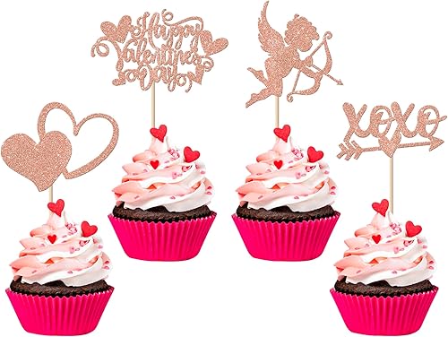 Miniatura 75 de Rsstarxi Paquete de 24 adornos rojos para cupcakes para el día de San Valentín con purpurina de corazón dulce para cupcakes, decoración de pasteles