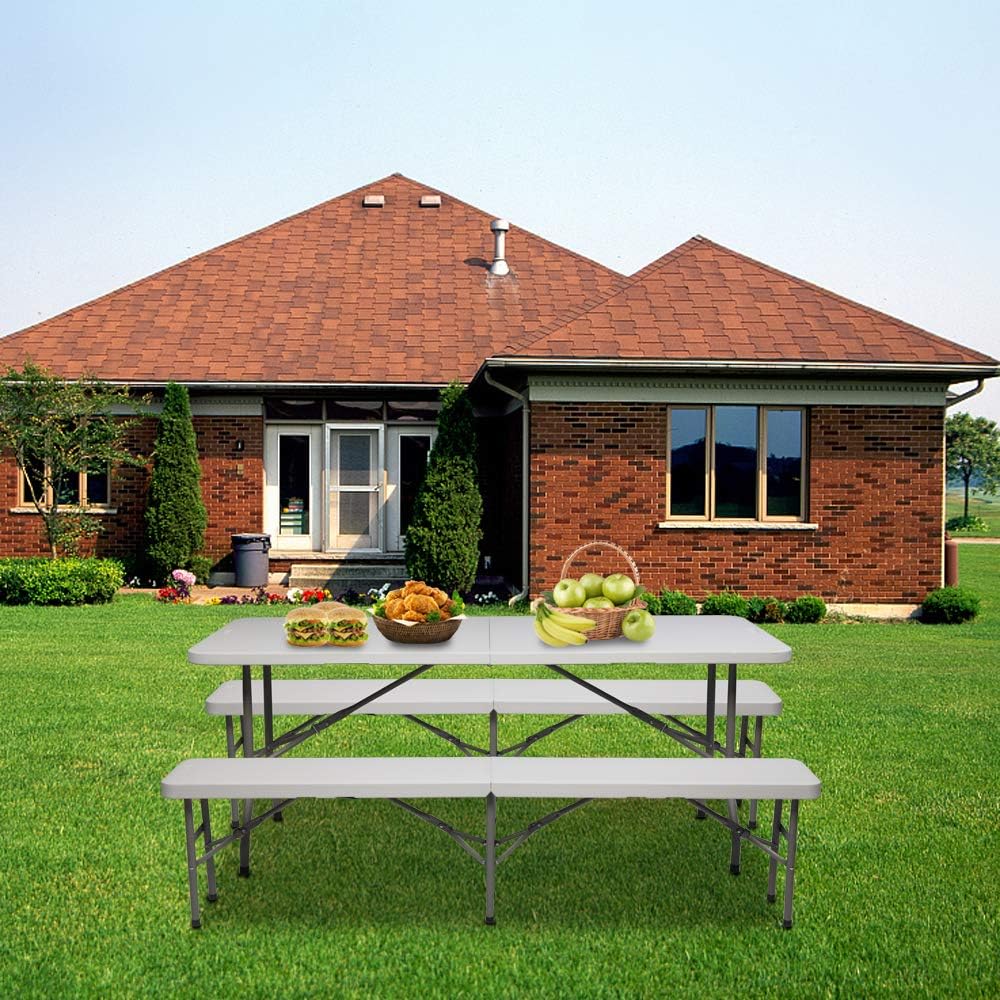 VINGLI 6 FT 3-Piece Portable Picnic Table Bench Set, Weather-Resistant Plastic Folding Camping Beer Table w/Carrying Handles, for Family Garden Patio Outdoor Activities Use, at Home and Commercial : Patio, Lawn & Garden