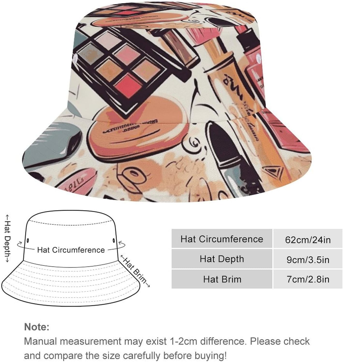 Cosmetic and Makeup Theme Pattern Bucket Hat Packable Sun Hats Travel Summer Beach Fisherman Cap for Women Men Teens