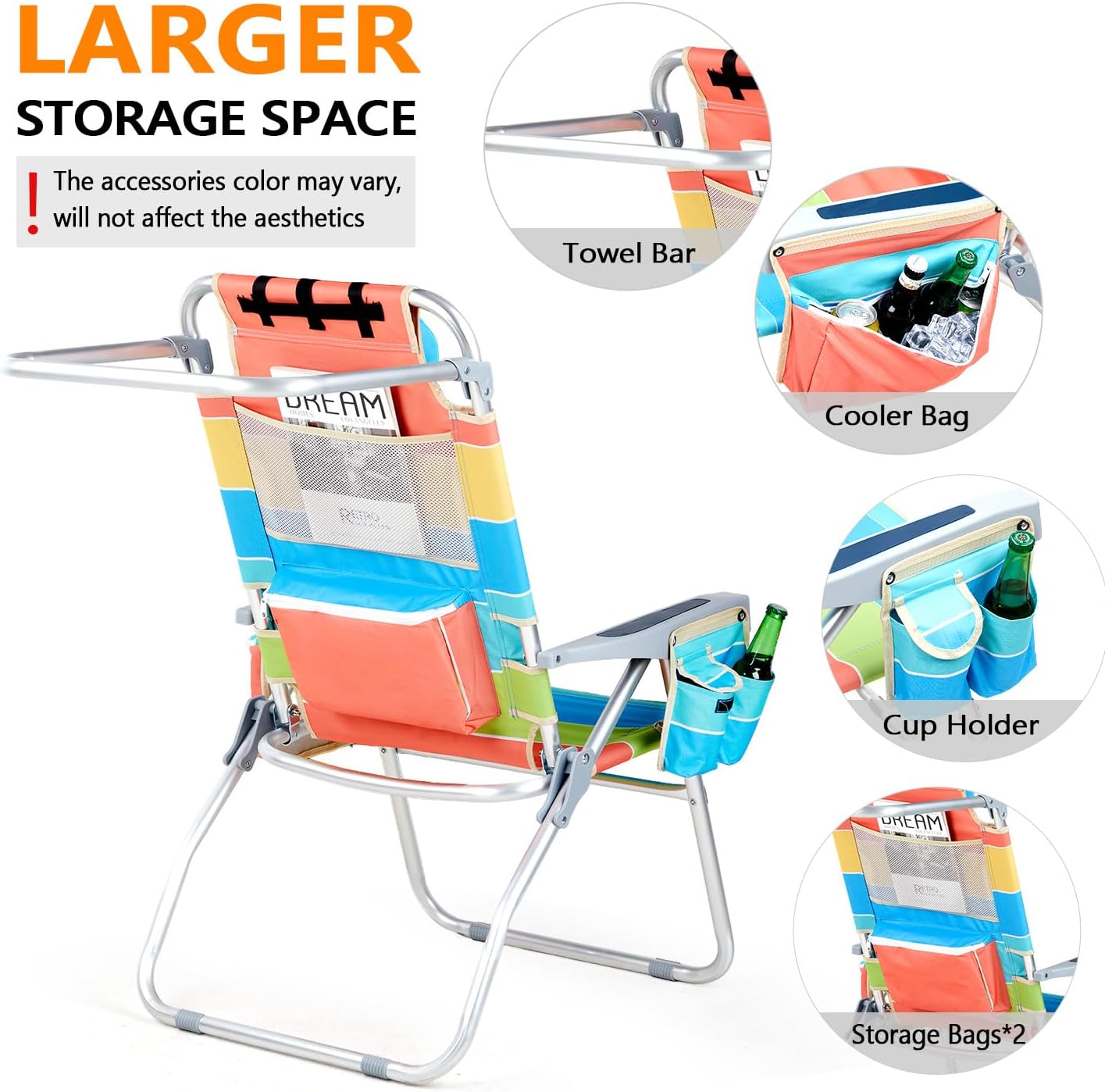 VINGLI Tall Beach Chair 2 Pack, with 5-Position, Cooler Bag, Cup Holders, Towel Bar, Lightweight Folding Beach Camping Chairs for Adults(Rainbow-16)