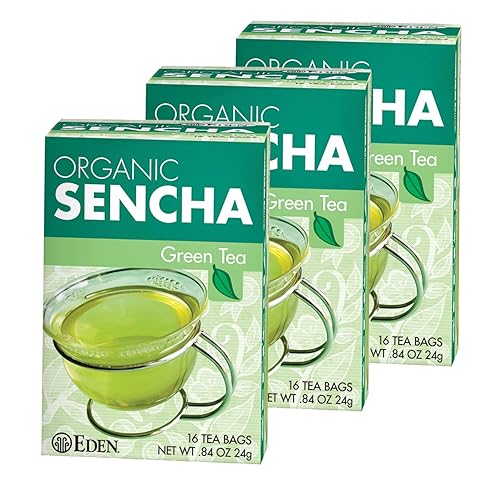 Eden Té verde Sencha orgánico, japonés, Uji Cha, 16 bolsascaja de té de manila sin blanquear (paquete de 3)