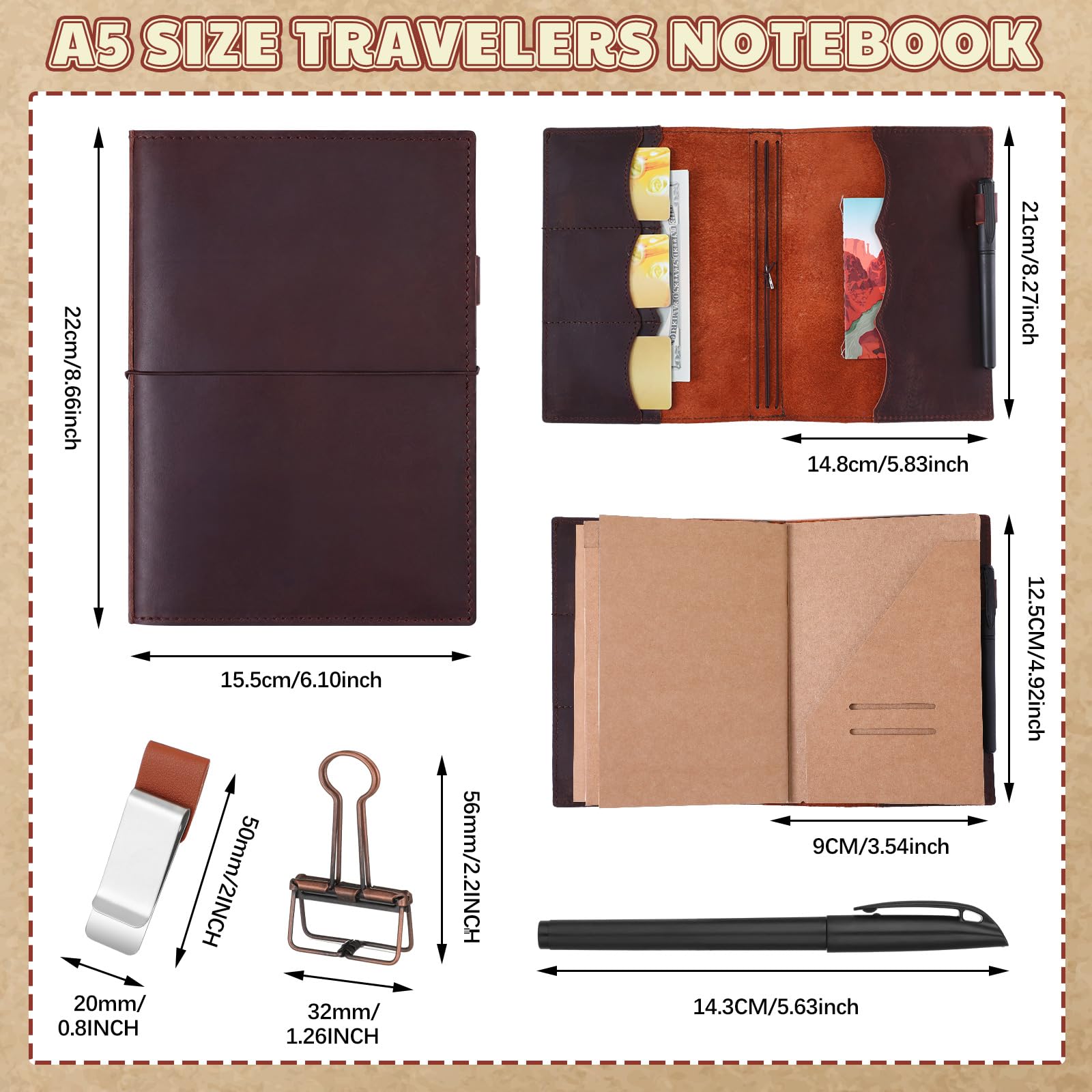 Eaasty El kit de accesorios para viajeros incluye funda de cuero para cuaderno con bolsillos interiores, recambio de cuaderno de viaje A5, soporte para bolígrafo, clip para carpeta y bandas elásticas