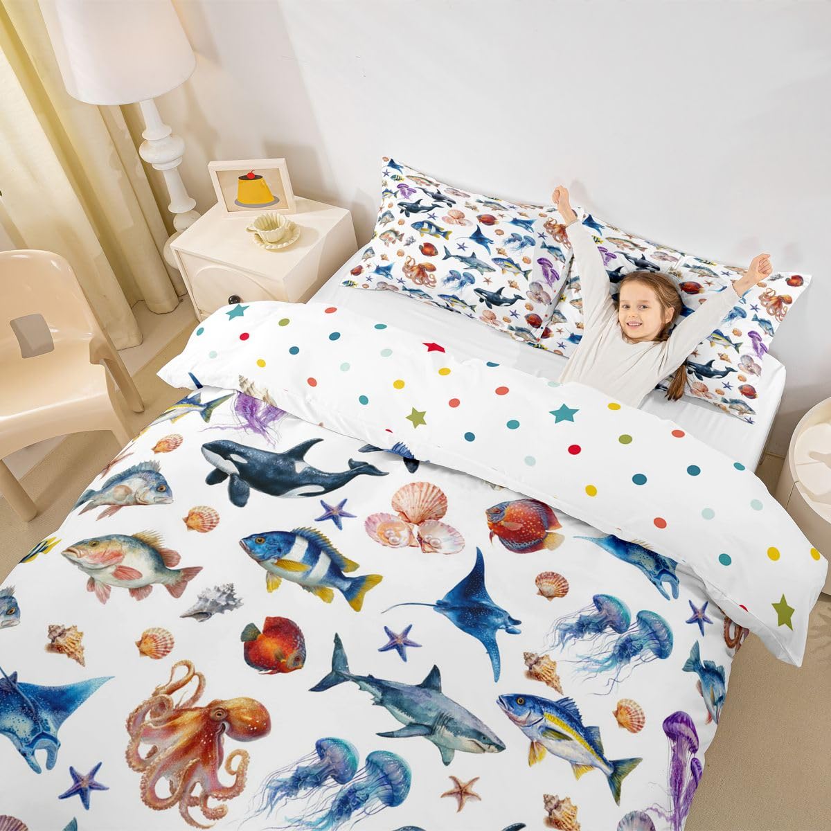 Homewish Ocean Super King poszewka na kołdrę orka wieloryb okonia ryba zestaw pościeli meduza ośmiornica poszewka na kołdrę przybrzeżne życie morskie zestawy łóżek