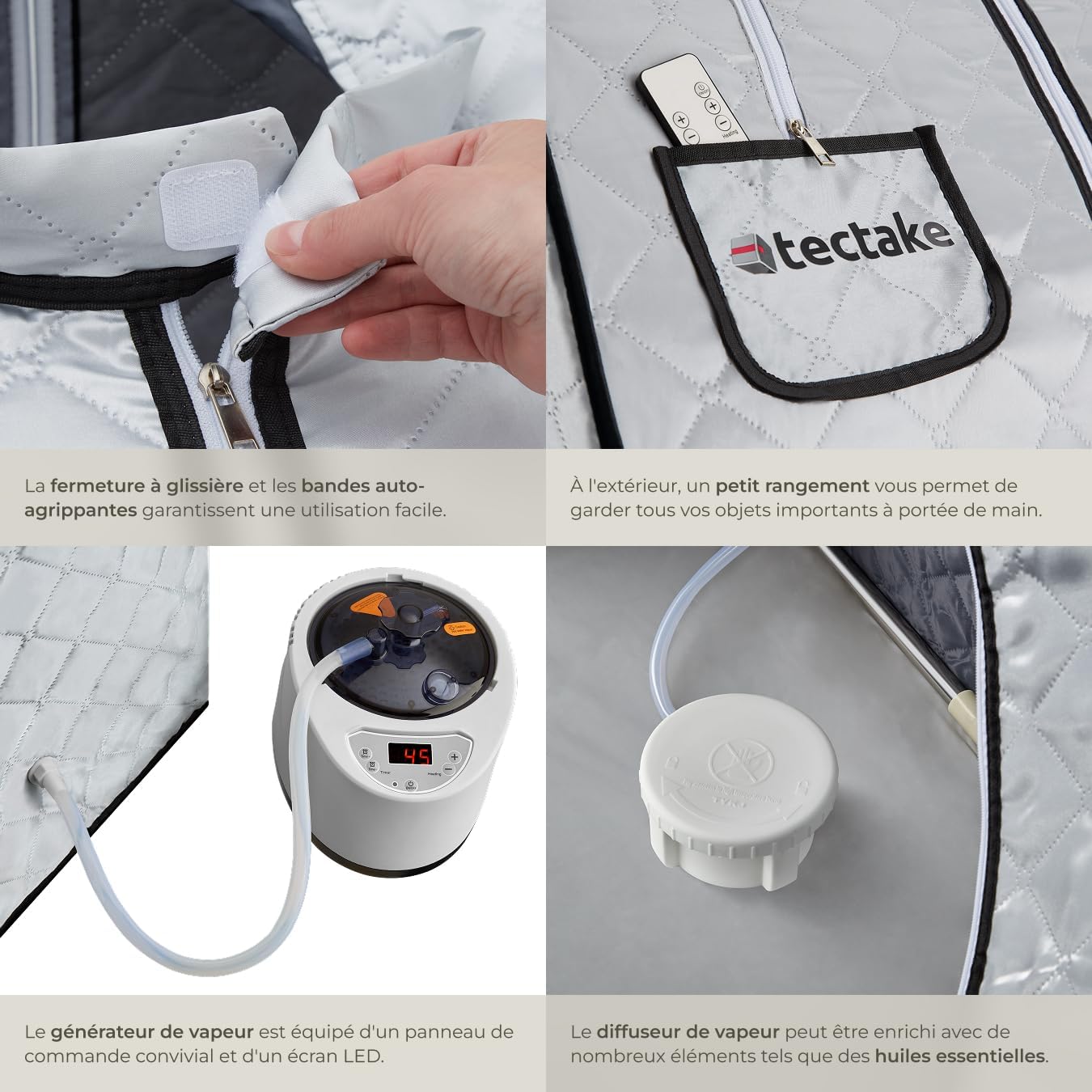 Person comfortably seated inside the TecTake portable steam sauna, with the remote control visible, demonstrating ease of use.