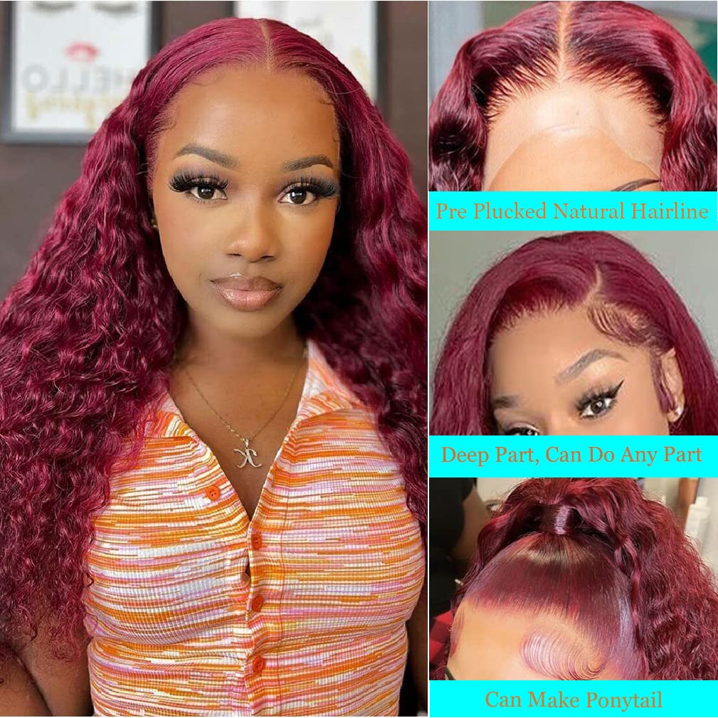 Burgundy Lace Front Wigs Human Hair 99j Deep Wave 13x4 Hd Lace Frontal Wigs for Black Women Human Hair Pre Plucked Deep Curly Wet and Wavy Red Colored (28 inch)