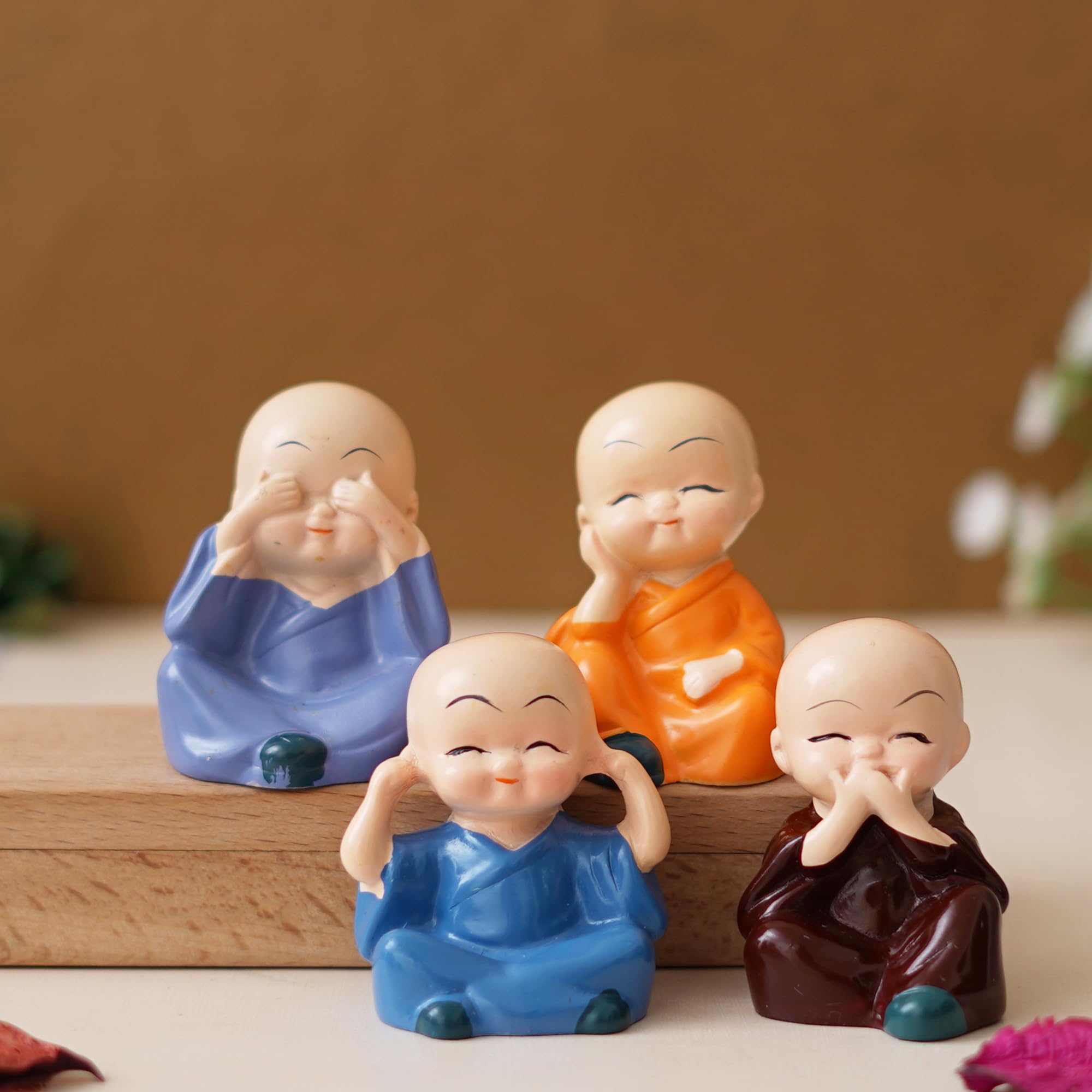 eCraftIndia Think No Evil, Speak No Evil, Hear No Evil, See No Evil Set of 4 Cute Little Monk Buddha Statues Decorative Showpieces for Car Dashboard, Home Office Decor & Gift Purpose, Resin, Car