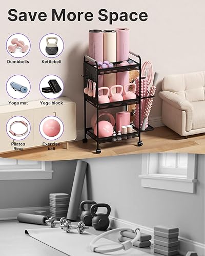 Miniatura 4 de YOTTOY Estante de almacenamiento de gimnasio de 3 niveles para gimnasio en casa, estante de pesas multifuncional, soporte para mancuernas, soporte