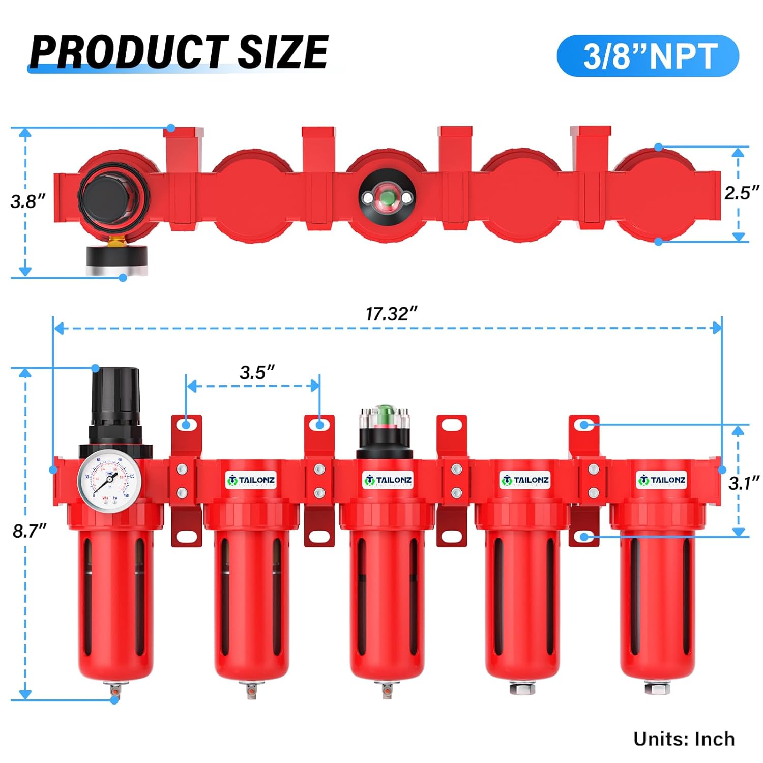 TAILONZ PNEUMATIC 0-150PSI 3/8 Inch NPT Red Industrial Grade 5 Stage Air Drying System, Particulate Filter, Coalescing Filter, Double Desiccant Dryer and Air Regulator (Manual Drainage)
