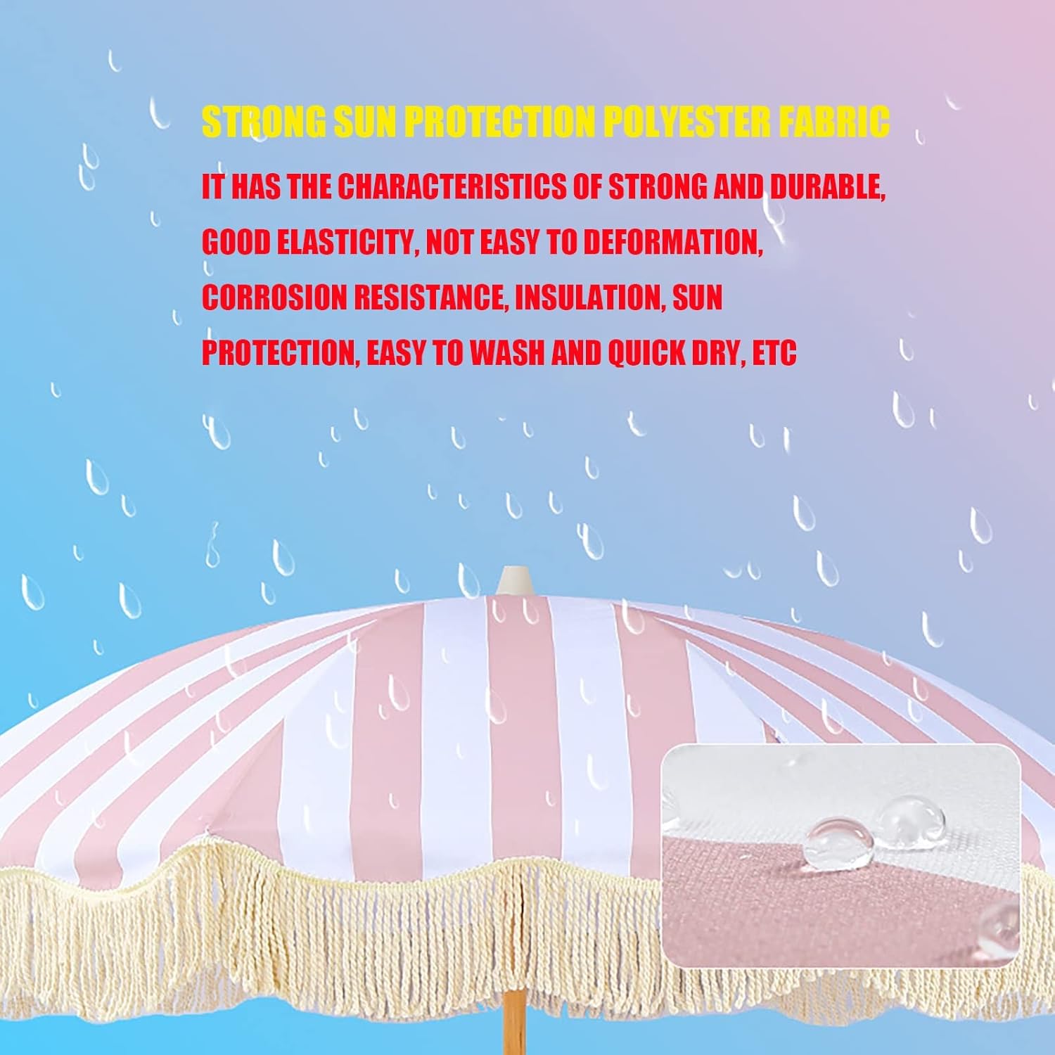 CHEVVY 2m Pink White Striped Parasol, Polyester Sun Umbrella Outdoor Sunshade With Fringe Beach Wooden Pole Steerable 200CM, Without Base
