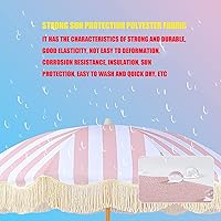 Vista 3 de CHEVVY Sombrilla de rayas blancas y rosadas de 6.6 ft, sombrilla de poliéster para exteriores con flecos, poste de madera de playa, orientable 78.7