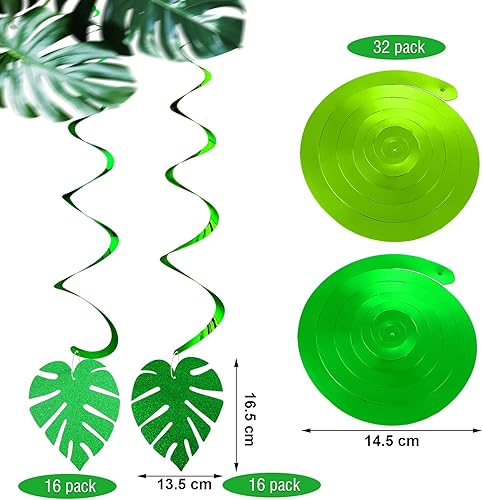 Miniatura 2 de Ireer 64 piezas hawaianas Luau para fiesta, hojas de palmera, remolinos, colgantes, hojas con purpurina, hojas verdes, tropicales, safari, selva,