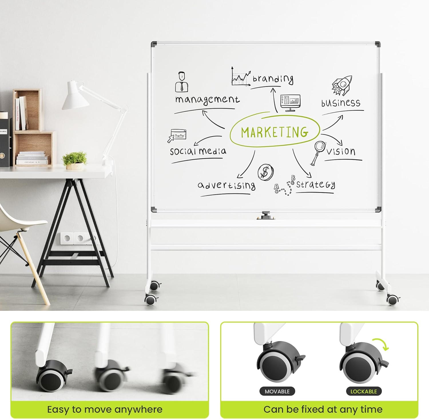 VUSIGN Rolling Whiteboard, 48 x 36 Inches Double Side White Board Dry Erase on Wheels, Easy-to-Wipe White Board with Stand, Large Aluminum Frame Magnetic Whiteboard for Office, Home, School