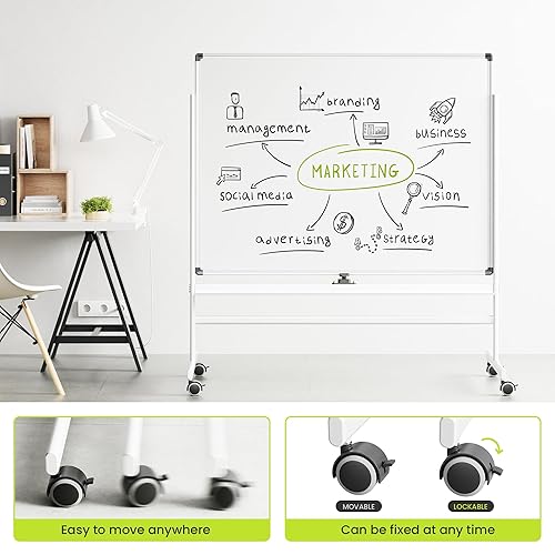 Miniatura 4 de VUSIGN Pizarra blanca móvil de 36 x 48 pulgadas sobre ruedas, pizarra de borrado en seco de doble cara con soporte, marco de aluminio grande para