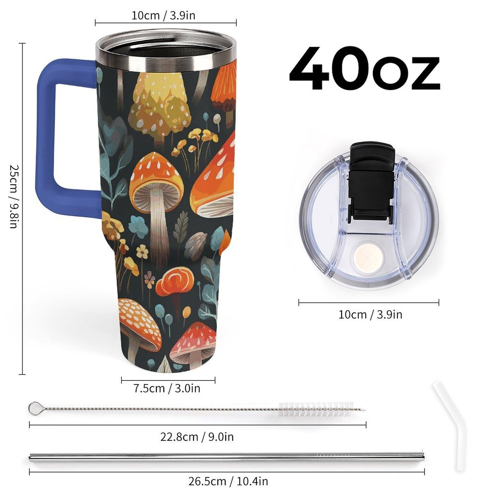 Autobecher aus 304 Edelstahl, 1,2 l, bunter Pilzbecher mit Strohhalm und auslaufsicherem Deckel, großes Fassungsvermögen, vakuumisolierter Reisebecher für Auto-Becherhalter